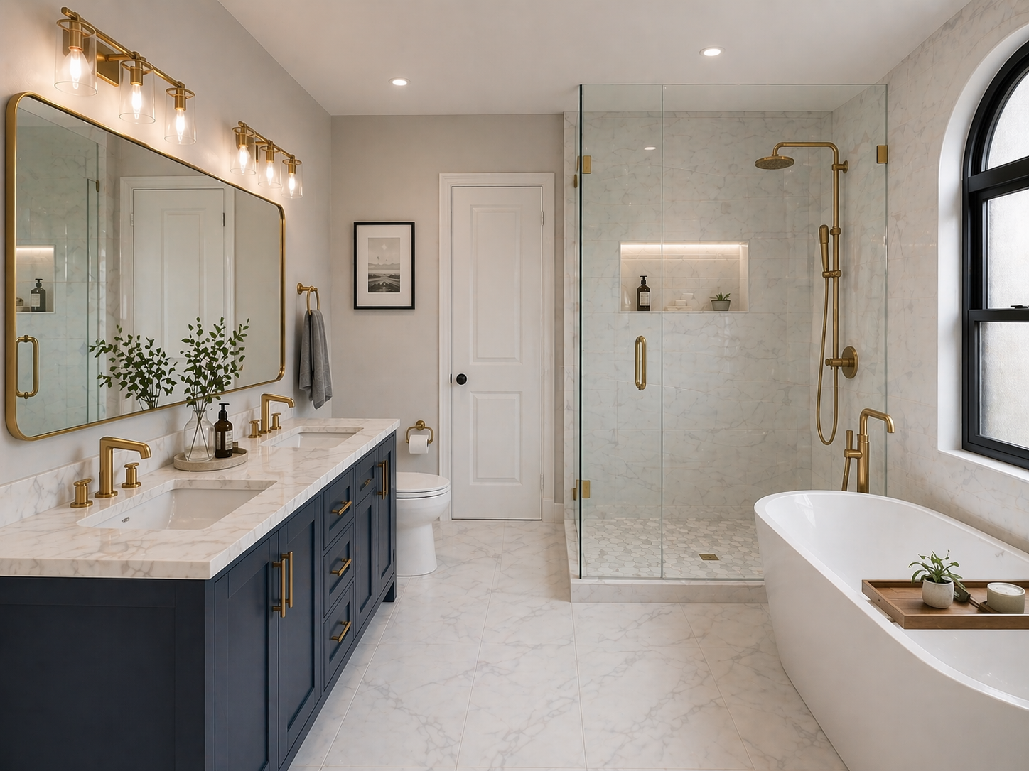 Modern bathroom with navy blue vanity, marble countertop, large mirror with gold frame, glass shower enclosure with gold fixtures, freestanding bathtub with window, and decorative details.