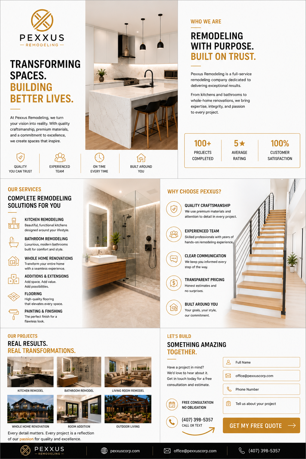 A promotional flyer for Pexxus Remodeling featuring images of modern home interiors including a kitchen, bathroom, and living space, along with text highlighting their services and expertise in remodeling.