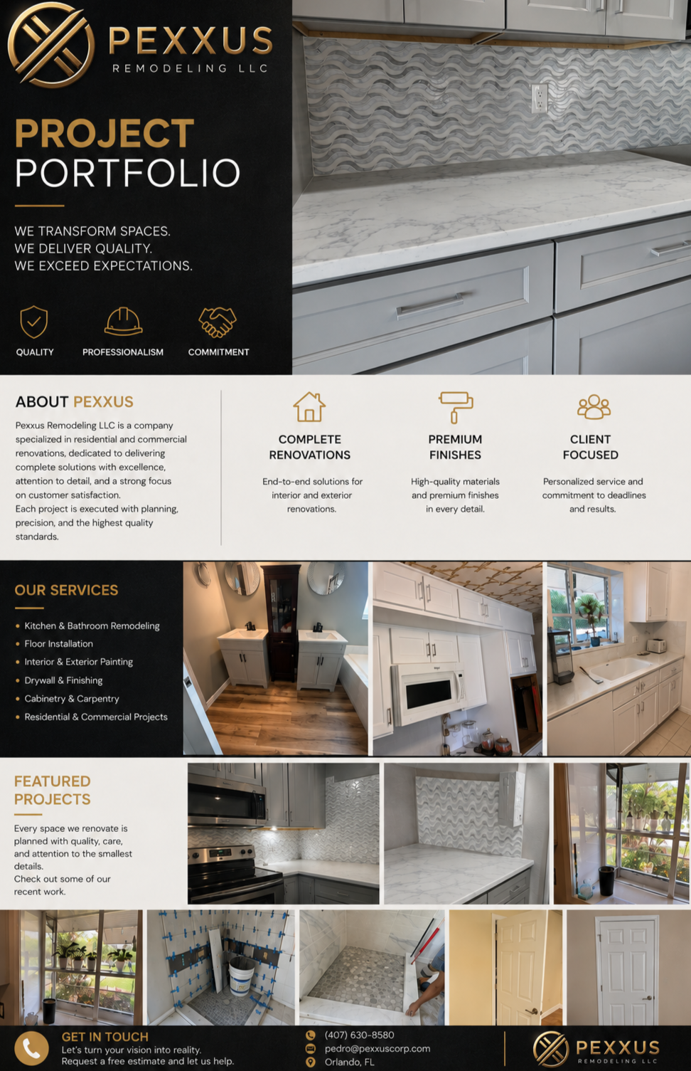 A promotional flyer for Pexxus Remodeling LLC showcasing various renovated kitchen and bathroom projects, with images of completed interior spaces, and details about their services and company information.