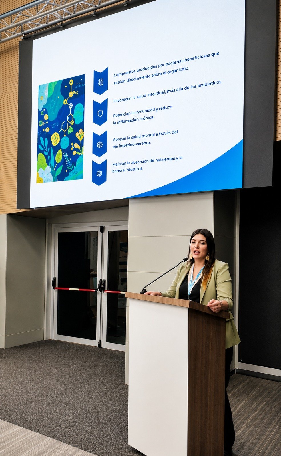 Una mujer presenta en un auditorio, con una pantalla grande que muestra información sobre los beneficios de las bacterias beneficiosas para la salud, incluyendo el sistema inmunológico y la salud mental, junto a una ilustración colorida de plantas y microorganismos.