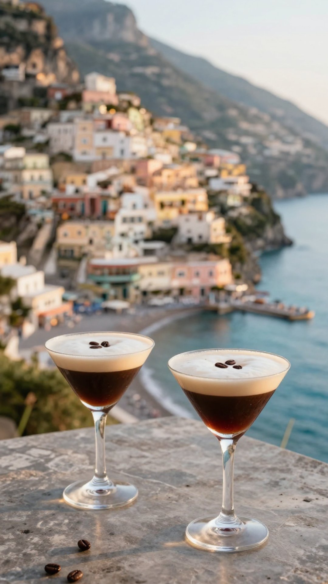 Two coffee drinks topped with cream and coffee beans, with a coastal village and cliffs in the background.