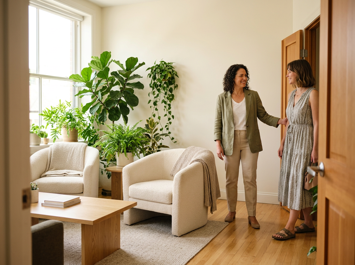 A woman therapist greeting her client in an doorway, are talking in a cozy living room with natural light, surrounded by green plants. One woman is standing in front of a door, smiling and touching the other woman's arm.