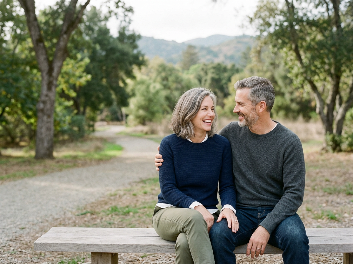 A middle-aged couple sitting on a wooden bench outdoors in a park, smiling and talking about their relationship counseling and looking at each other, surrounded by trees and a dirt path with mountains in the background.