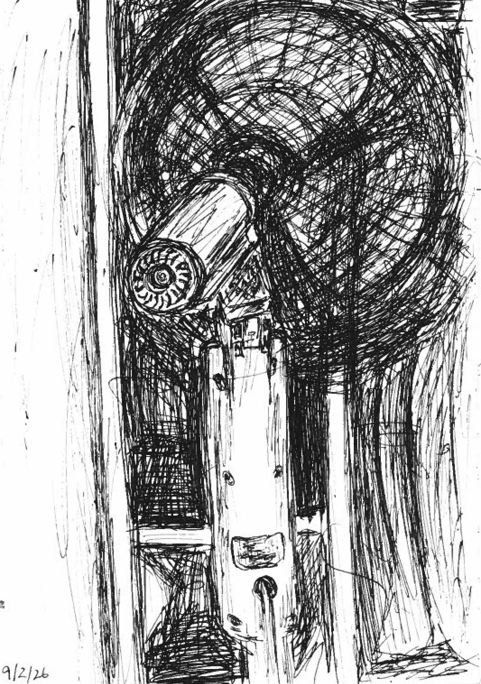 black and white drawing of a fan