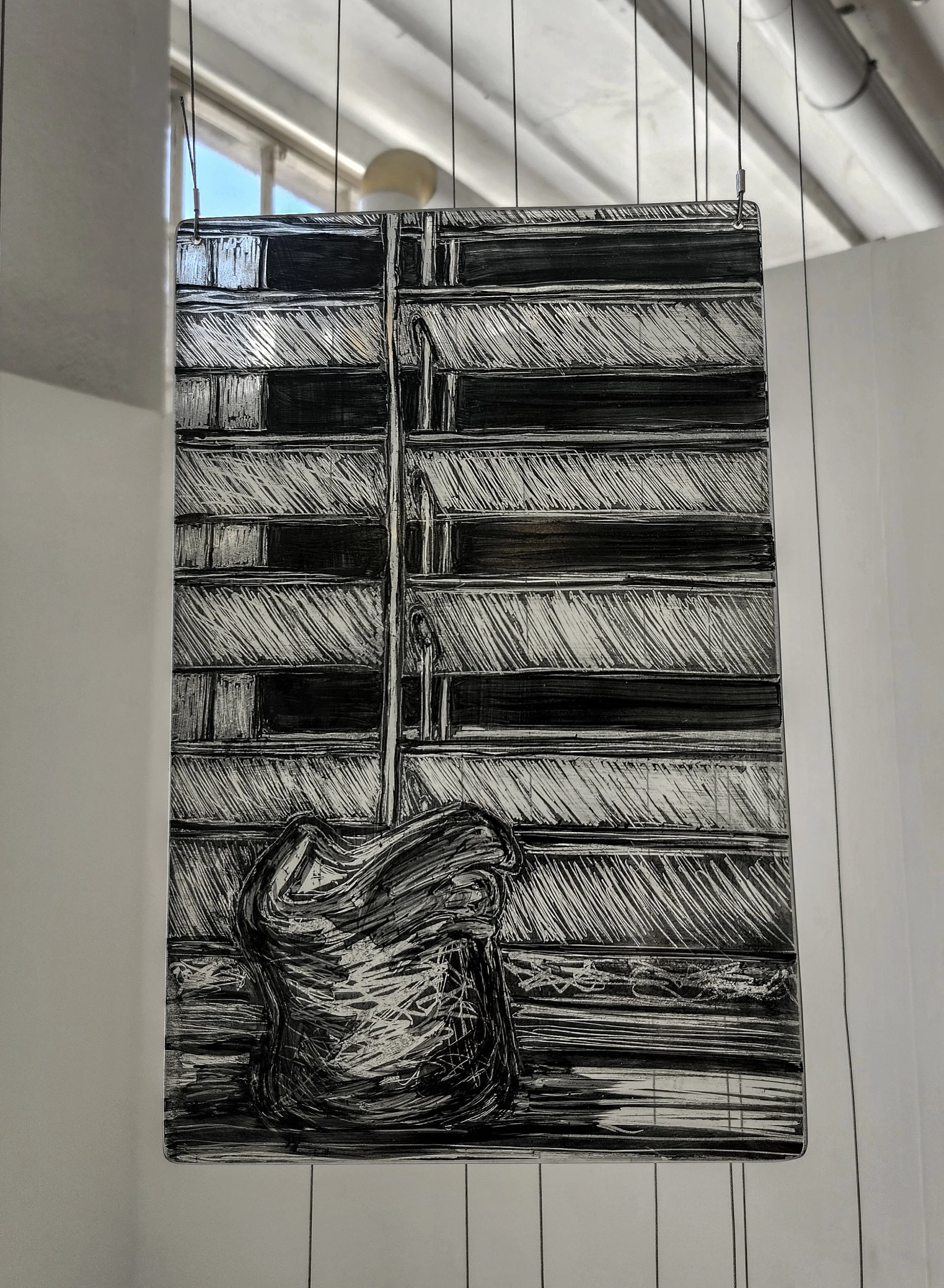 "Candle Shutters," 2026, Sgrafitto and glass painting on horticultural glass