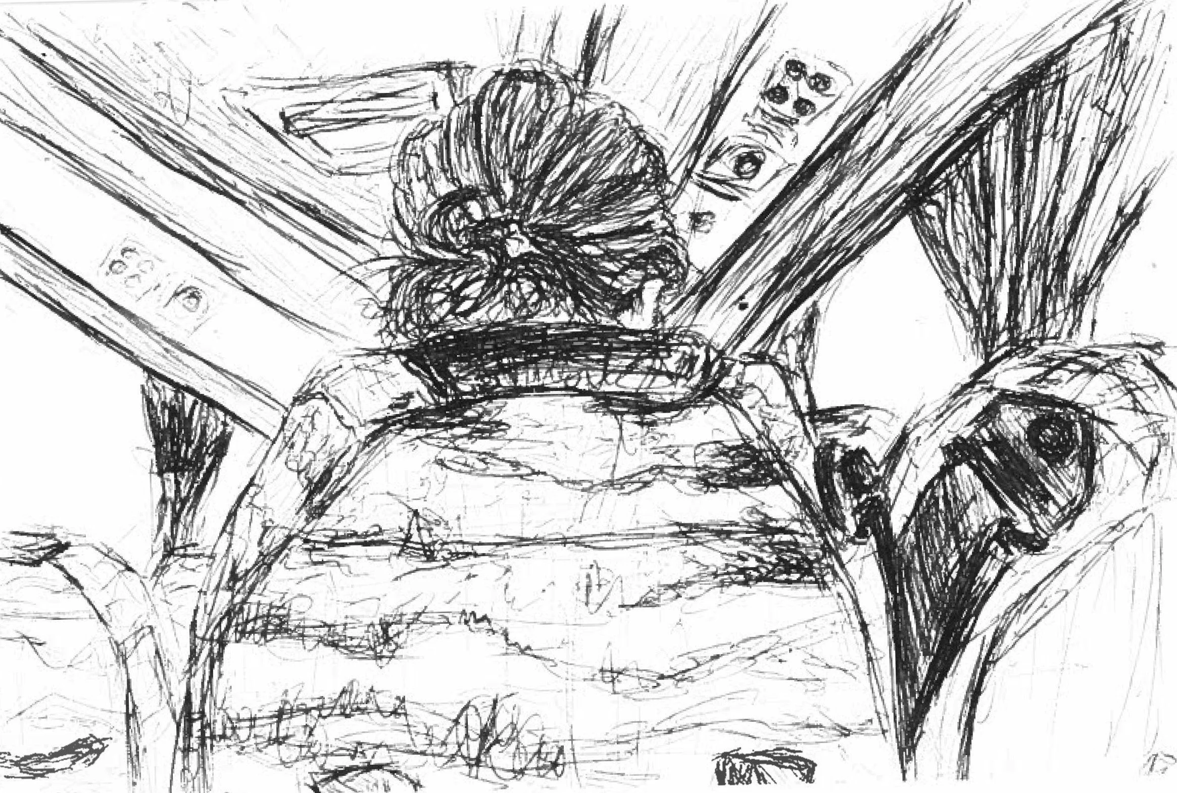 black and white drawing of the inside of a bus