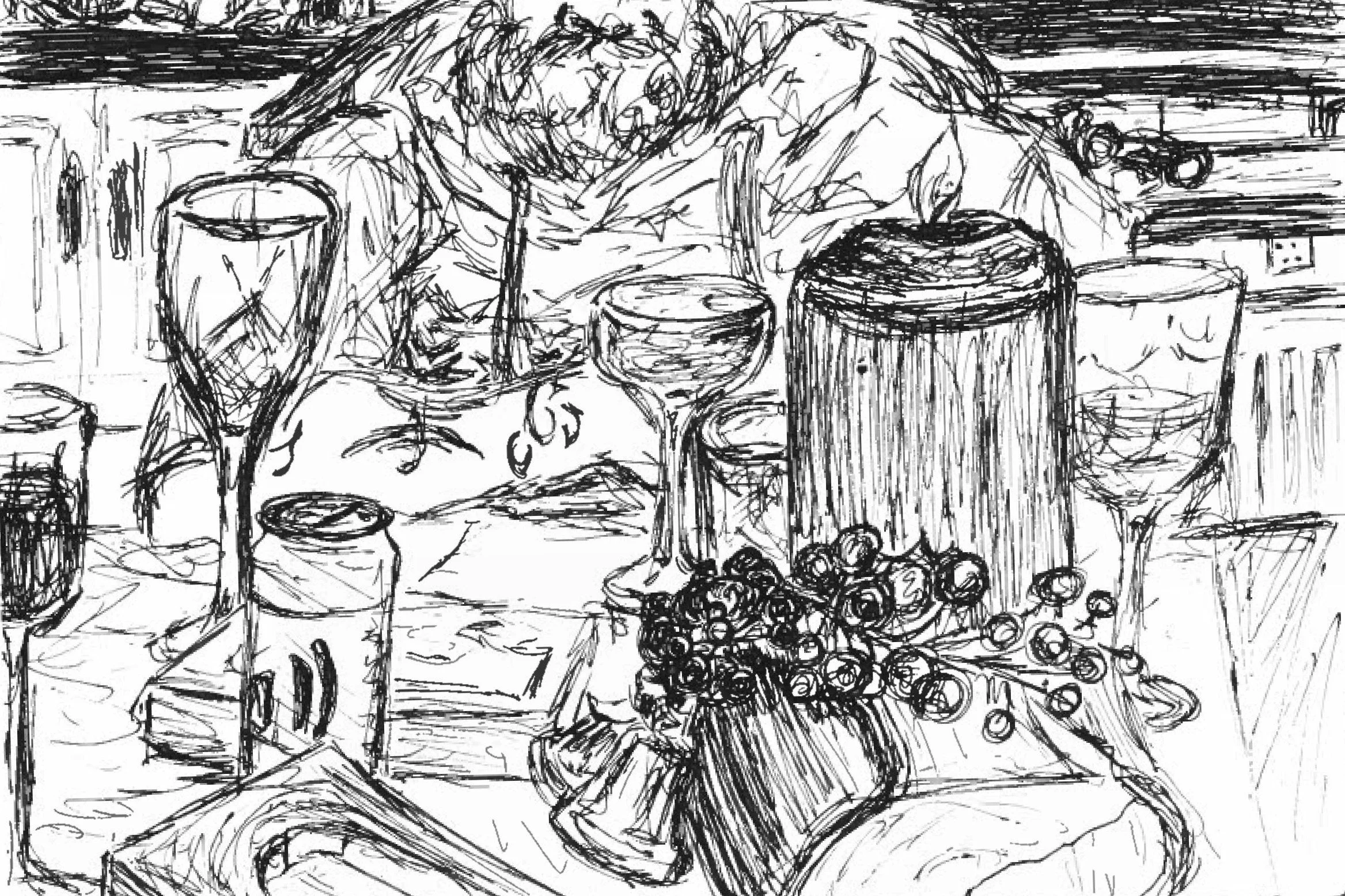 A black and white sketch of a dinner table