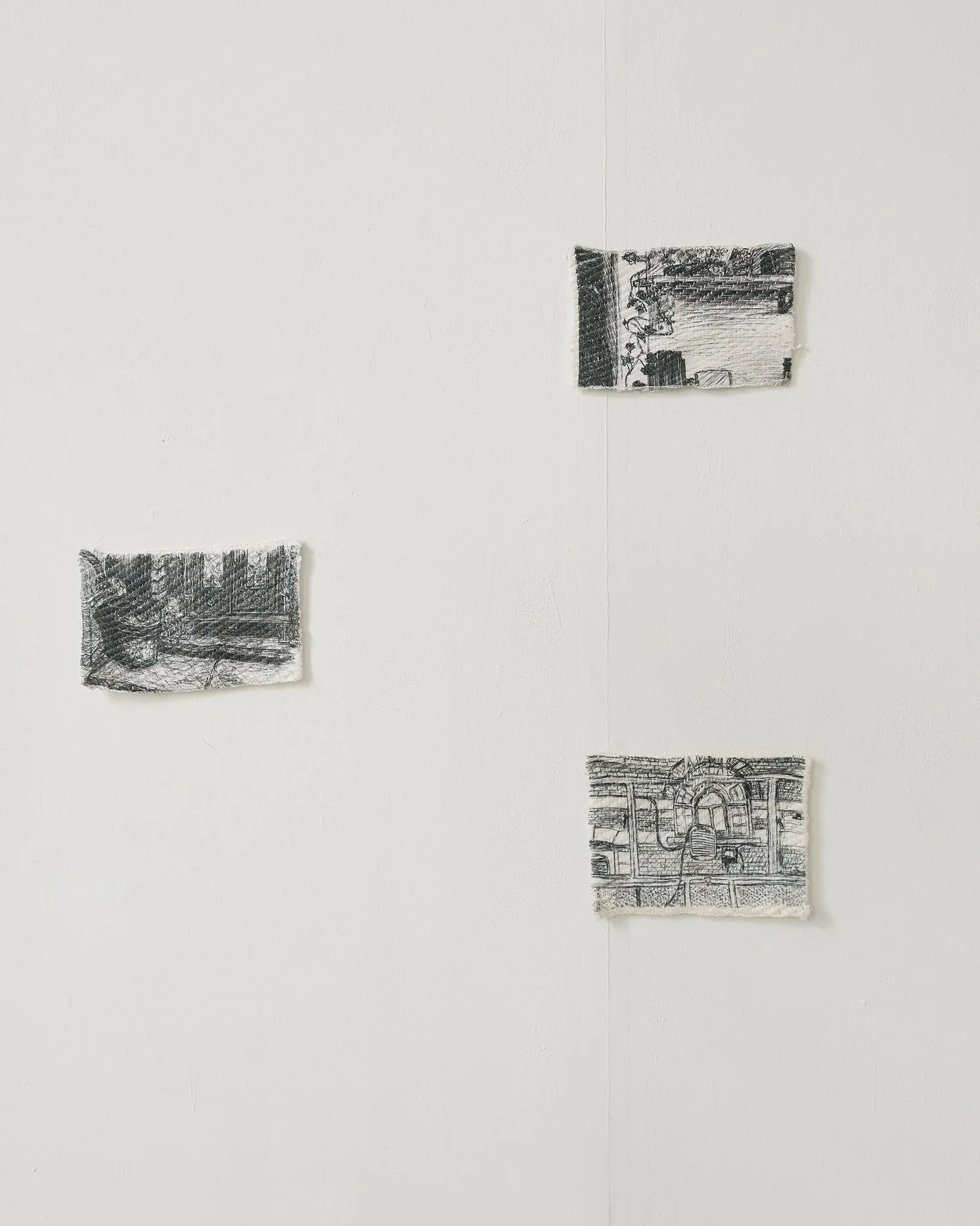 Image of three of my pieces, "Warmth", "Sturdy Shelf" and "Studio View", Sublimation prints on polyacrylic weave/cotton warp