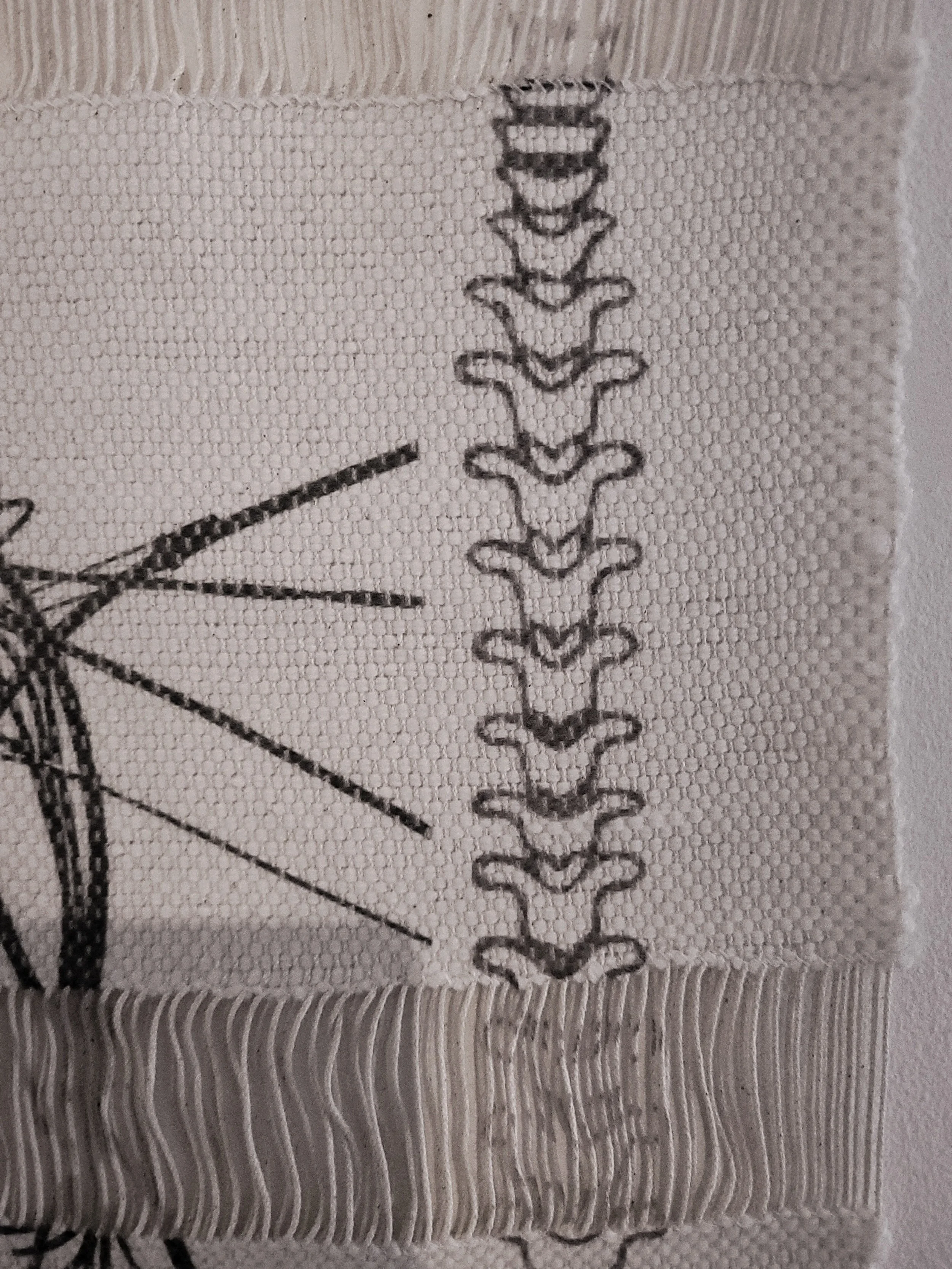 Close up of "Autonomous Vessel," consisting of two large sublimation printed  polyacrylic weave/cotton warp tapestries and seven  small pieces of glass