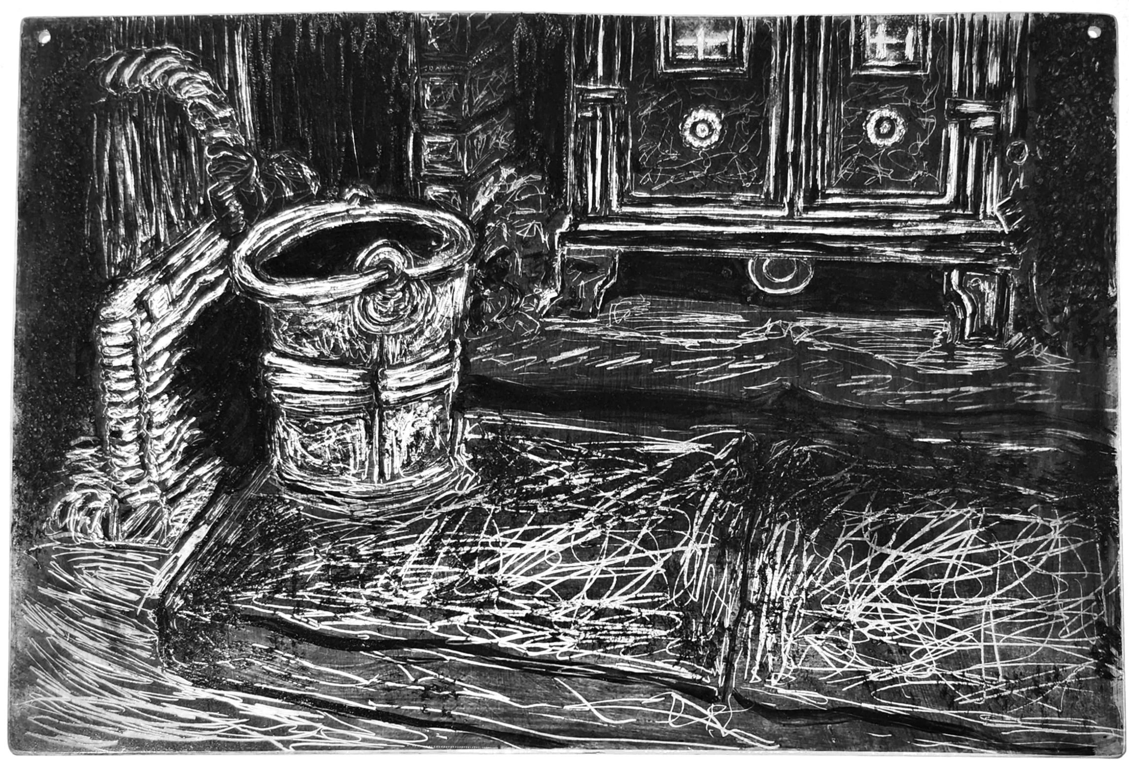 "Hearth," 2026, Sgrafitto and glass painting on horticultural glass