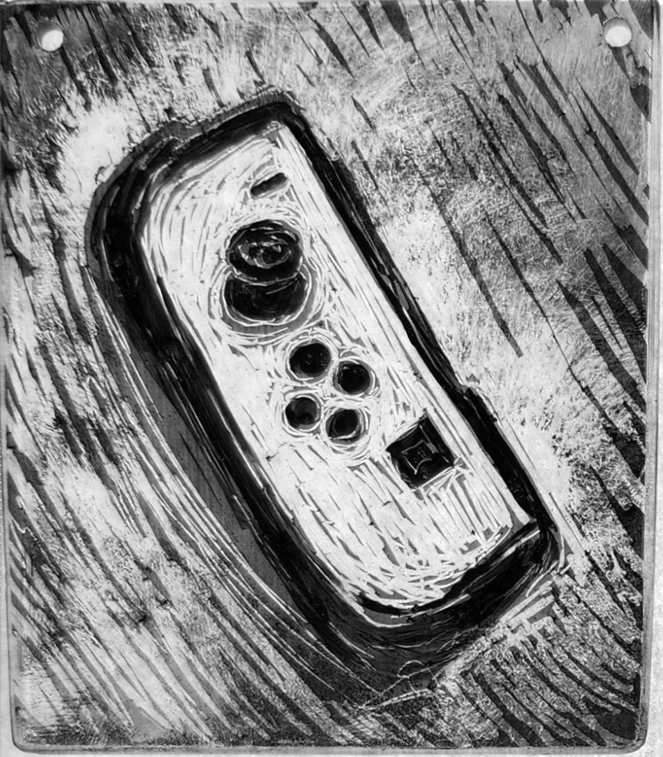 "Left Controller," 2026, Sgrafitto and glass painting on horticultural glass