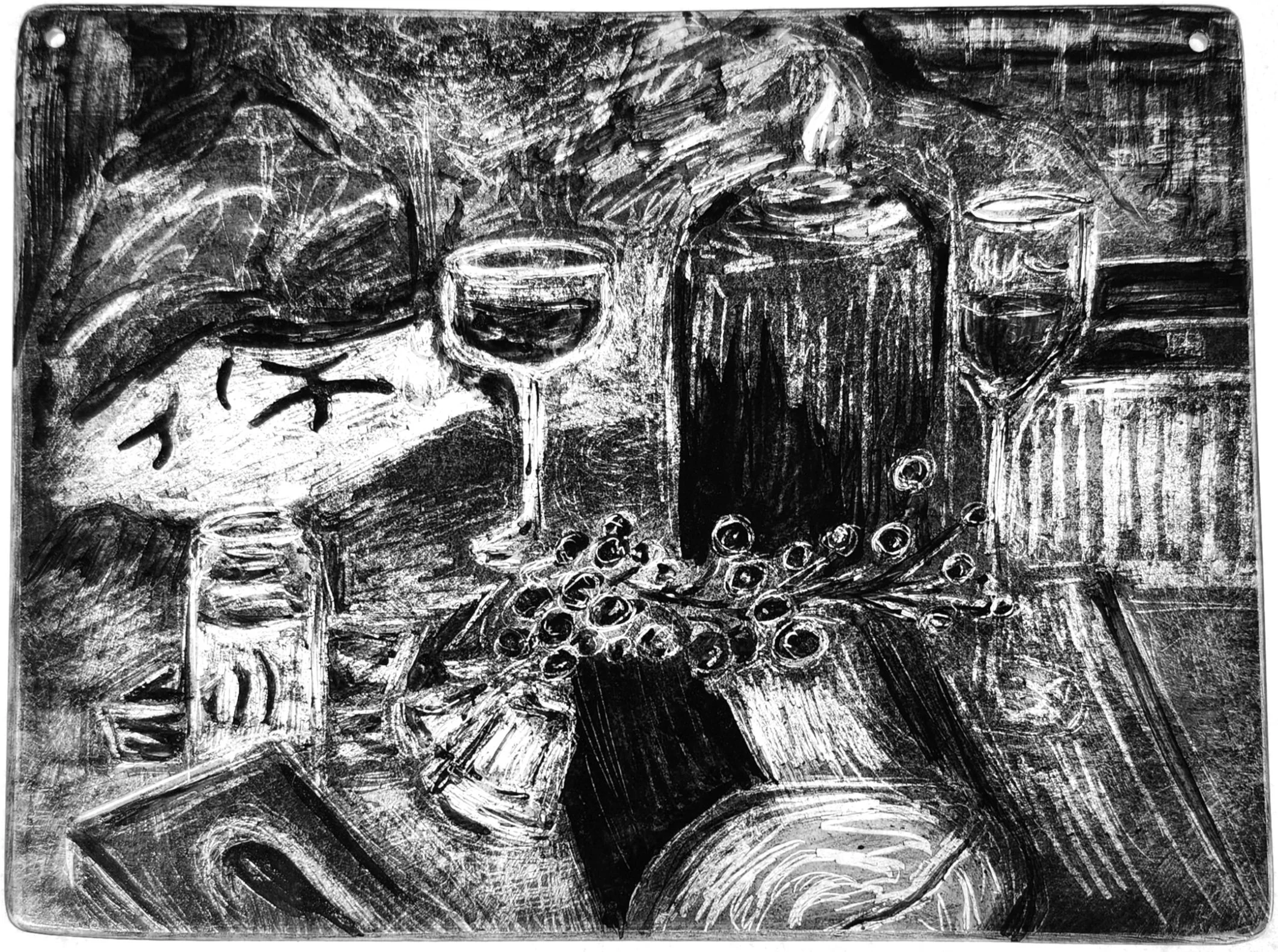 "Merriment," 2026, Sgrafitto and glass painting on horticultural glass