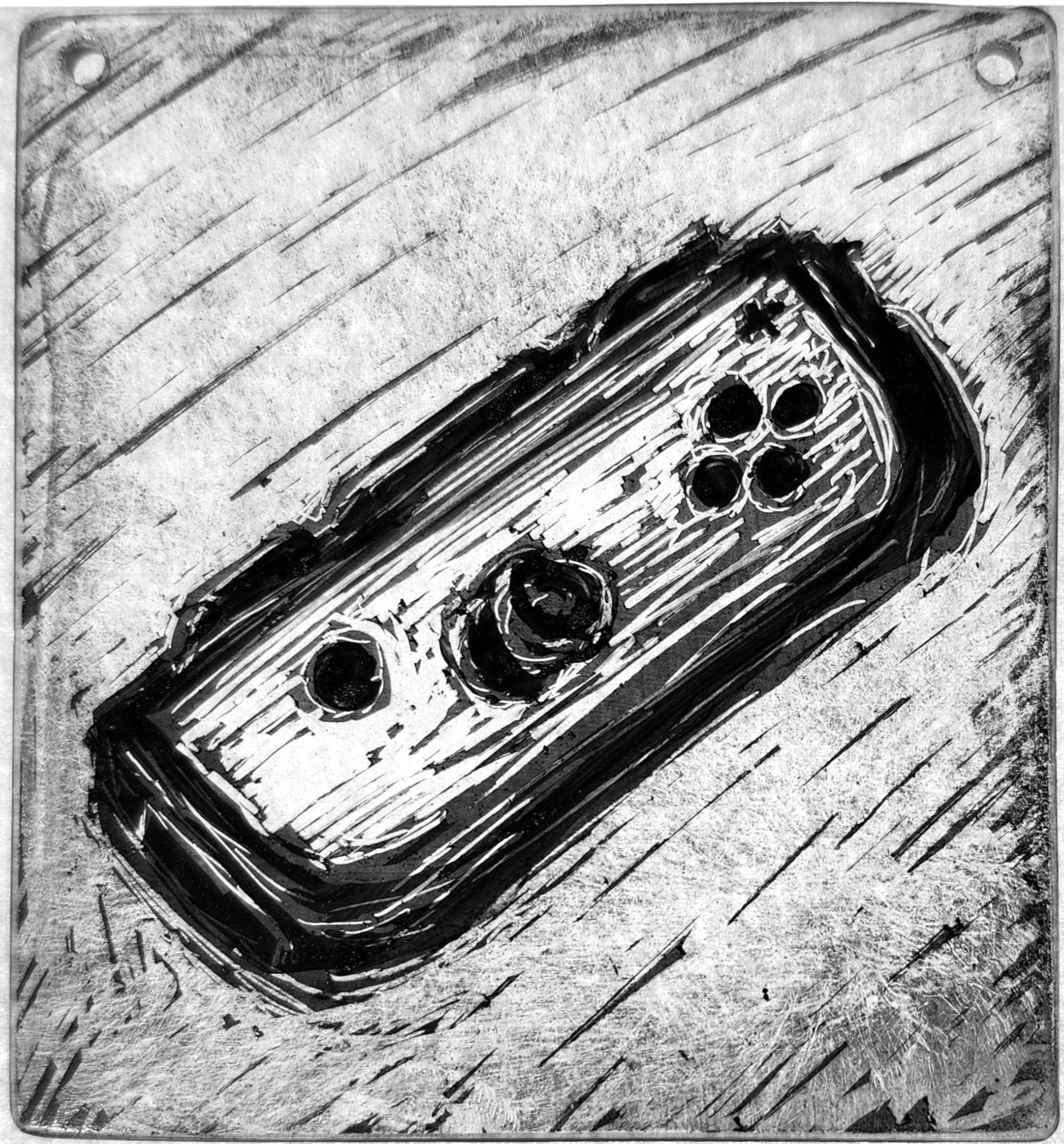 "Right Controller," 2026, Sgrafitto and glass painting on horticultural glass