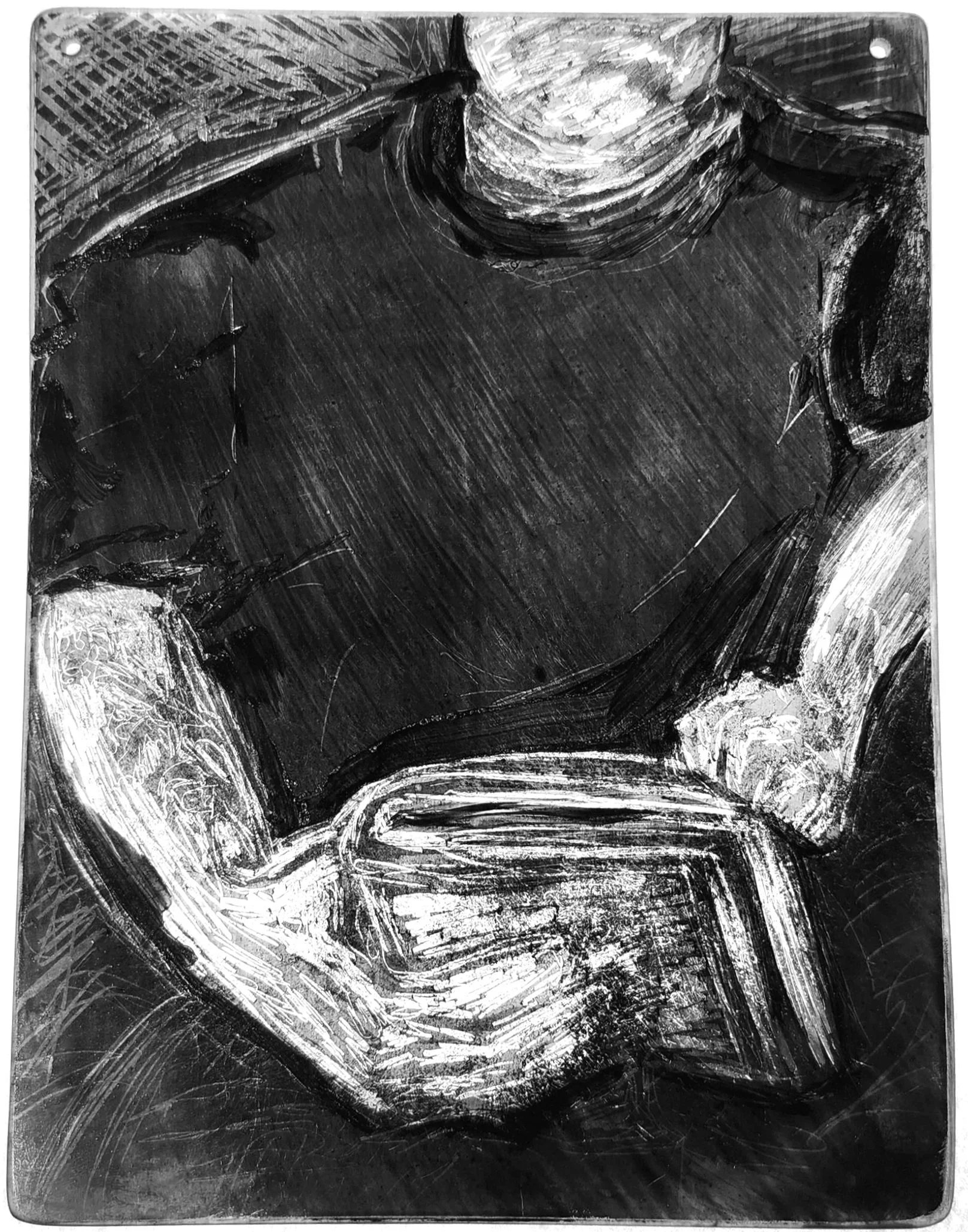 "Self," 2026, Sgrafitto and glass painting on horticultural glass
