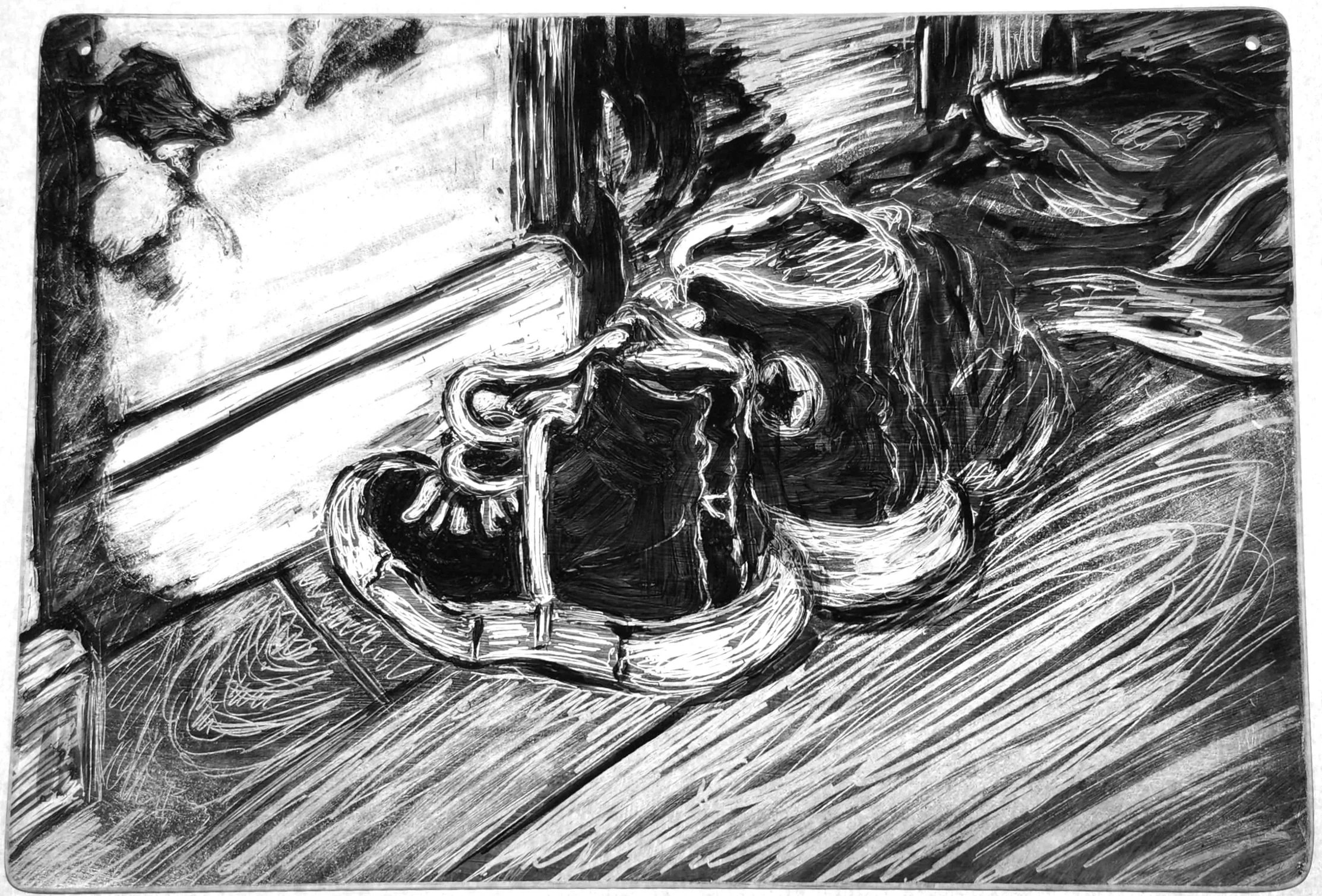 "Deep Shadows," 2026, Sgrafitto and glass painting on horticultural glass
