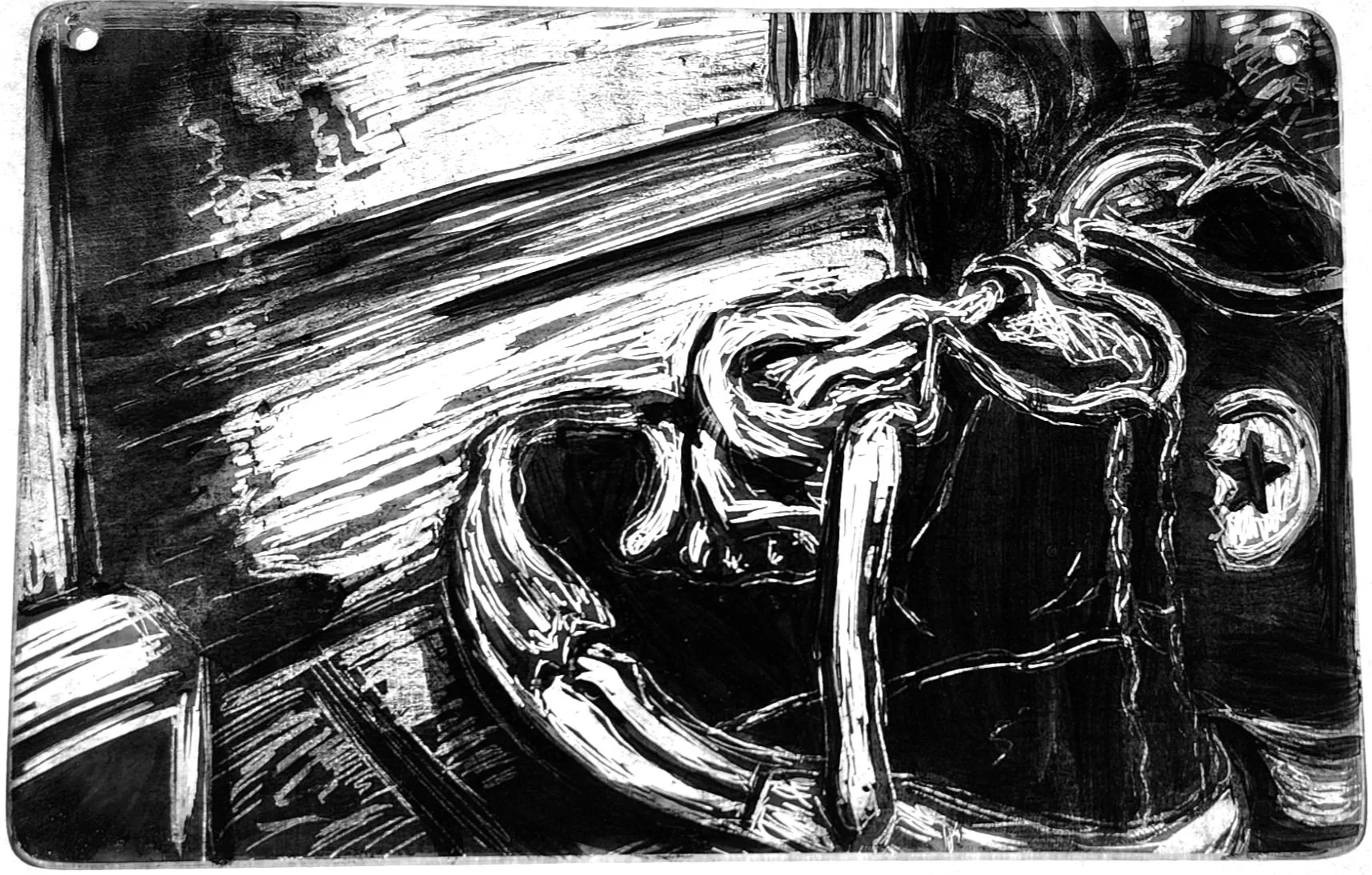 "Shoes Undone," 2026, Sgrafitto and glass painting on horticultural glass
