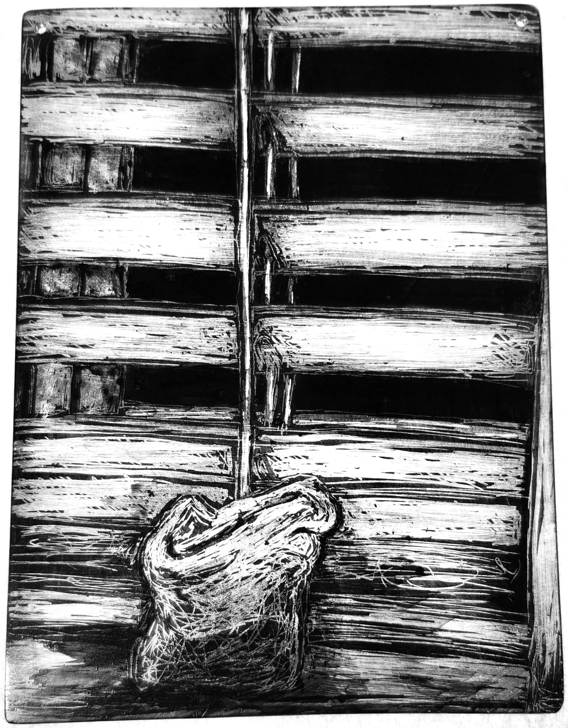 "Candle Shutters," 2026, Sgrafitto and glass painting on horticultural glass
