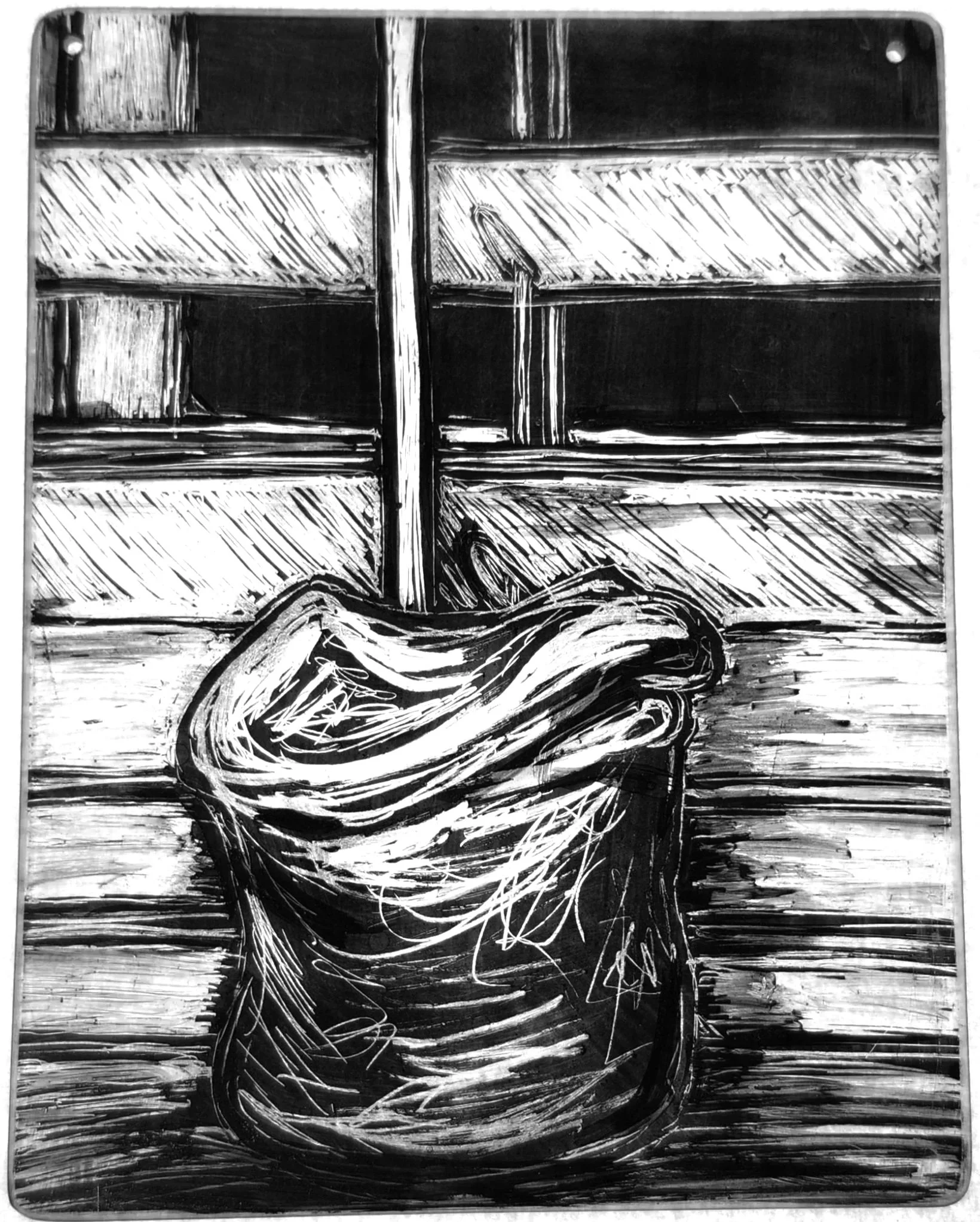 "Candle," 2026, Sgrafitto and glass painting on horticultural glass