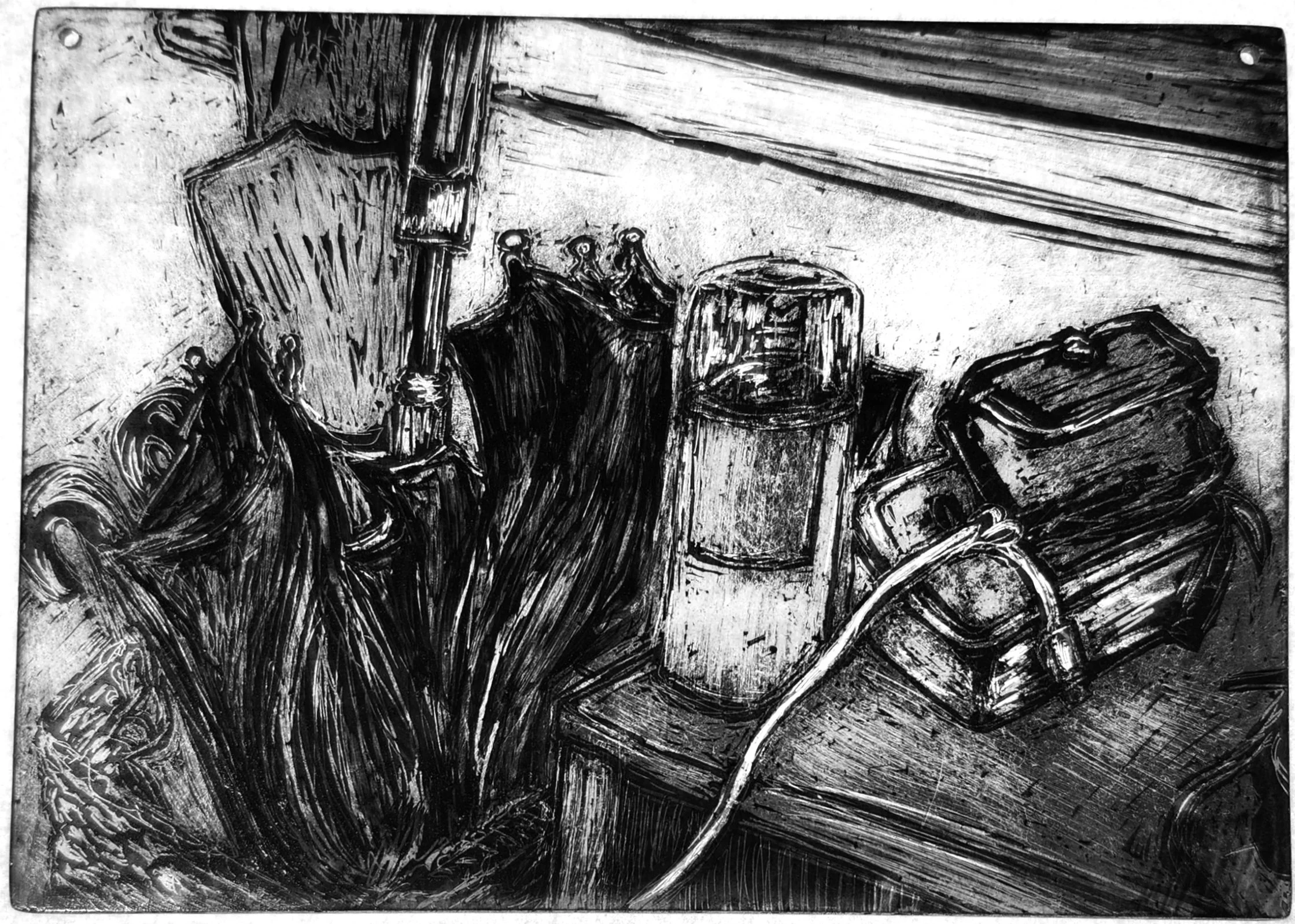 "Umbrella Stand," 2026, Sgrafitto and glass painting on horticultural glass
