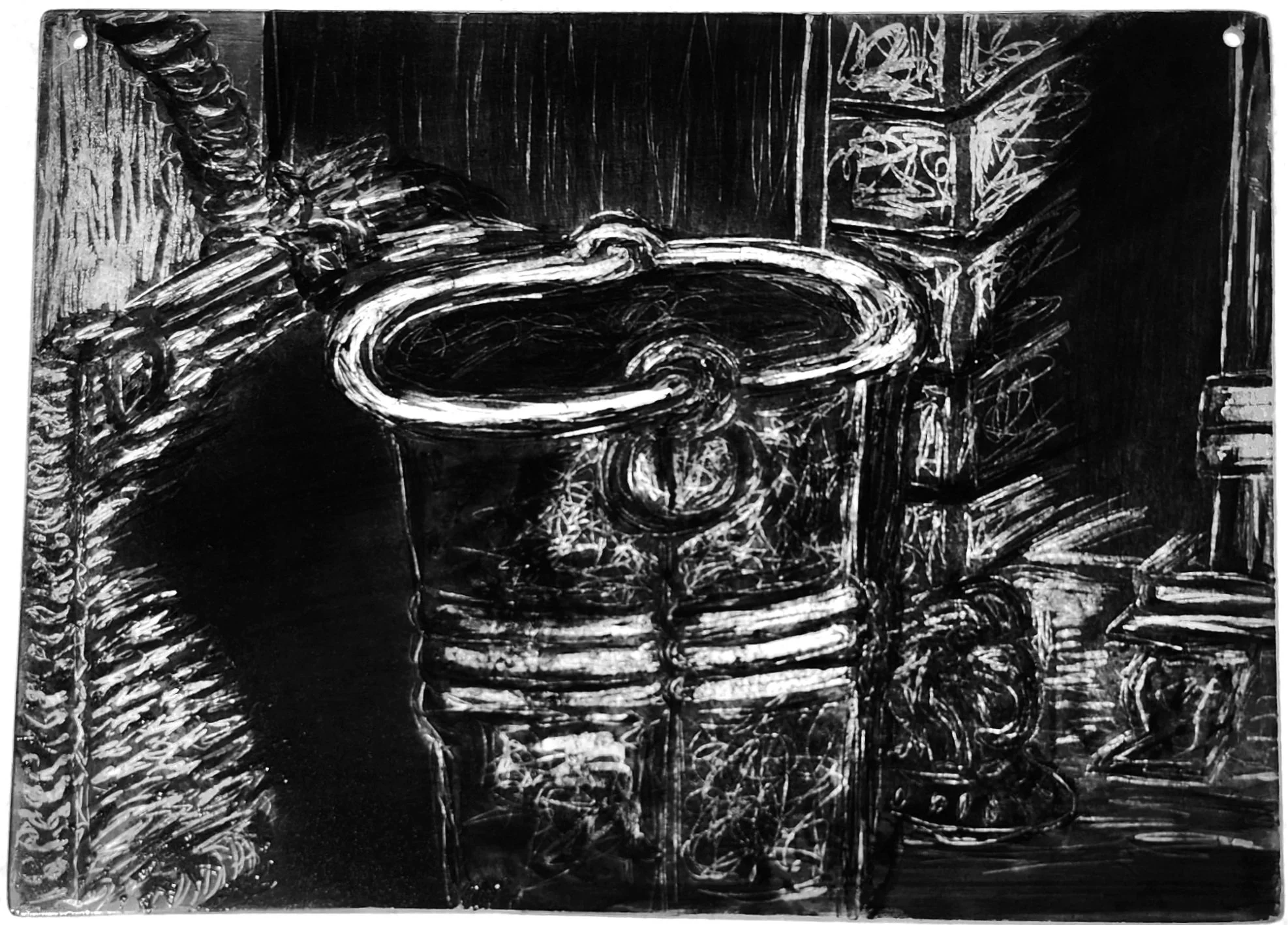 "Wicker," 2026, Sgrafitto and glass painting on horticultural glass