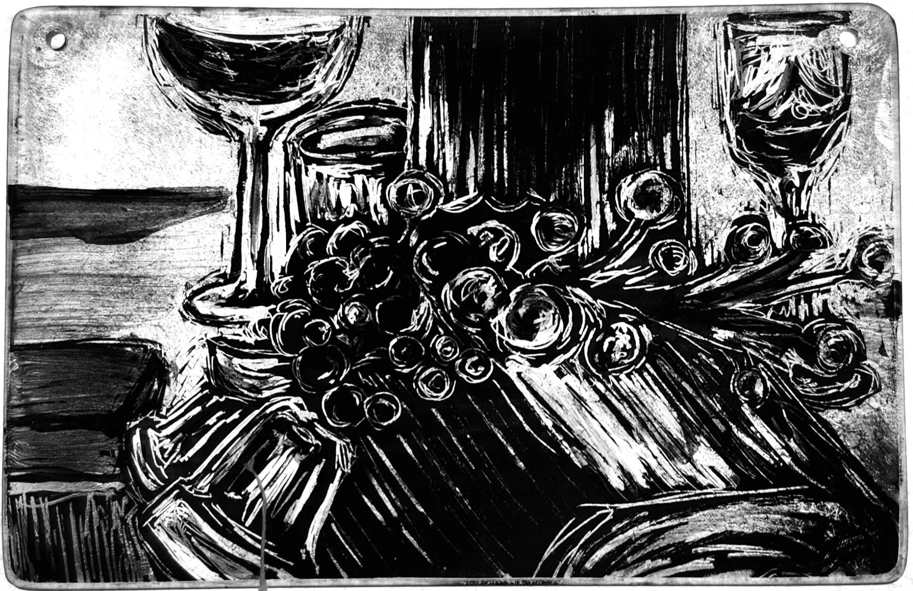 "Yule Log," 2026, Sgrafitto and glass painting on horticultural glass