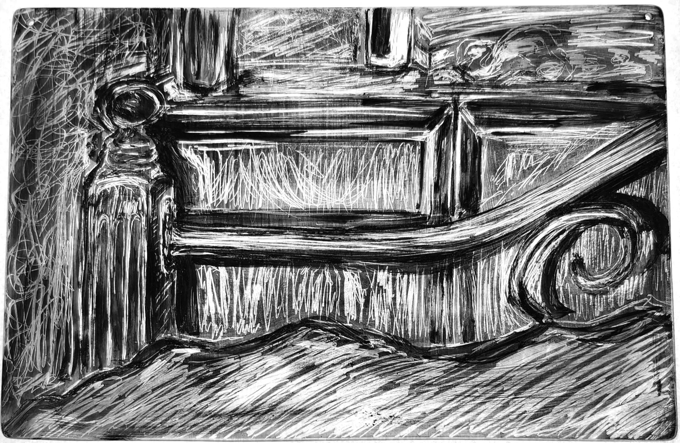 "Bedframe," 2026, Sgrafitto and glass painting on horticultural glass