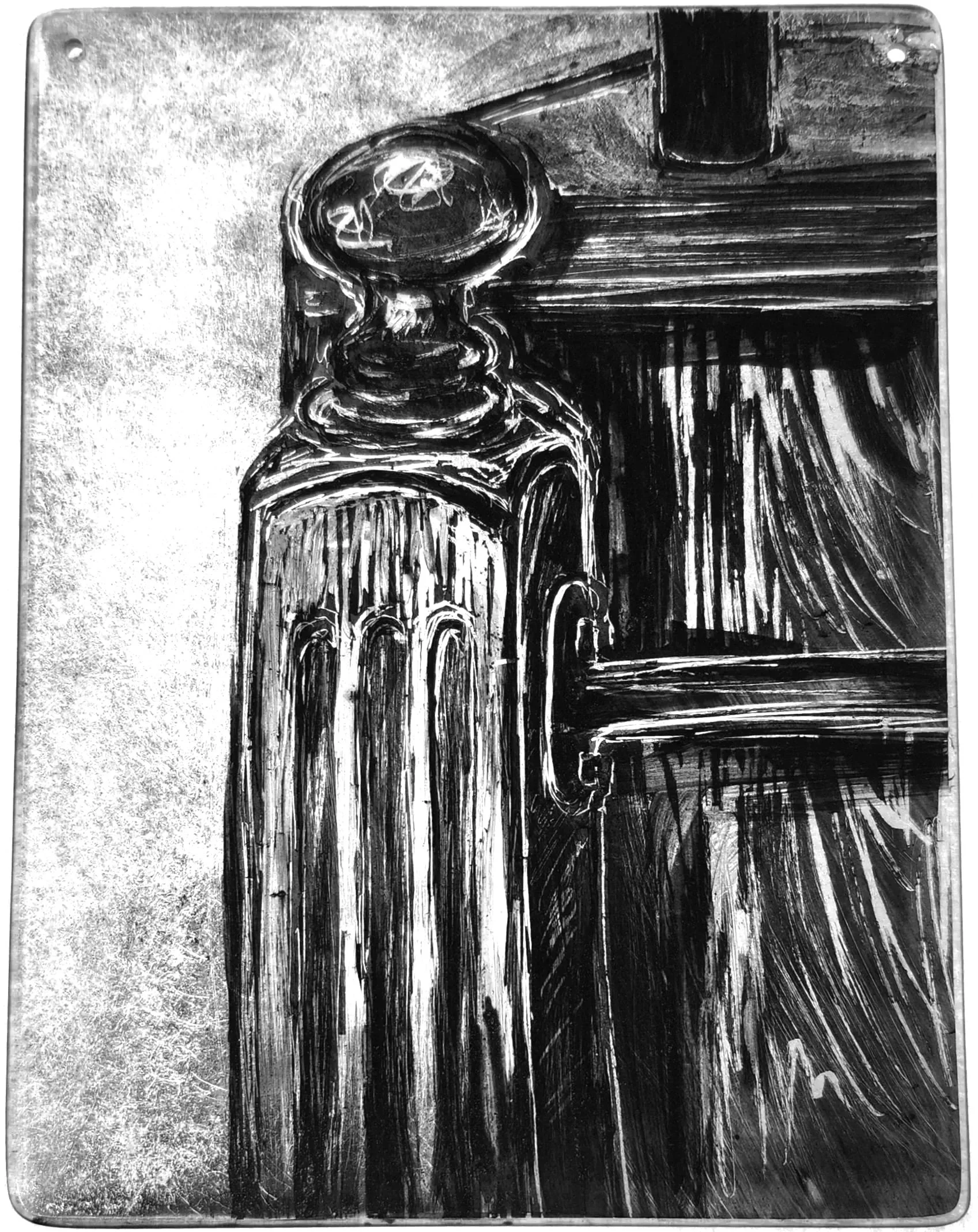 "Bedpost" 2026, Sgrafitto and glass painting on horticultural glass
