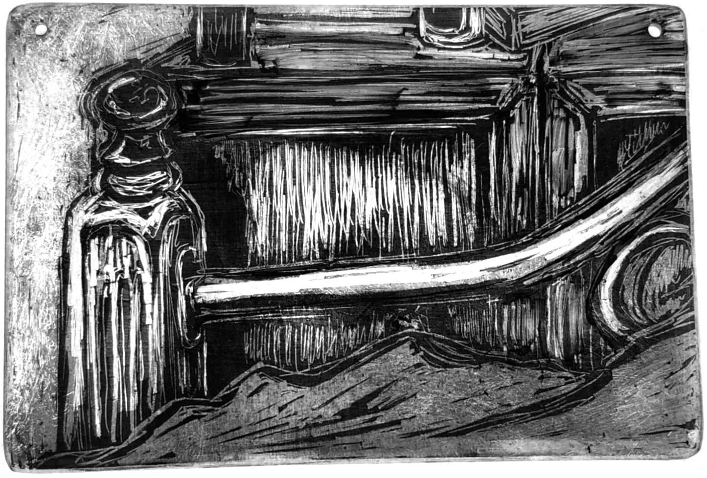 "Bedframe," 2026, Sgrafitto and glass painting on horticultural glass