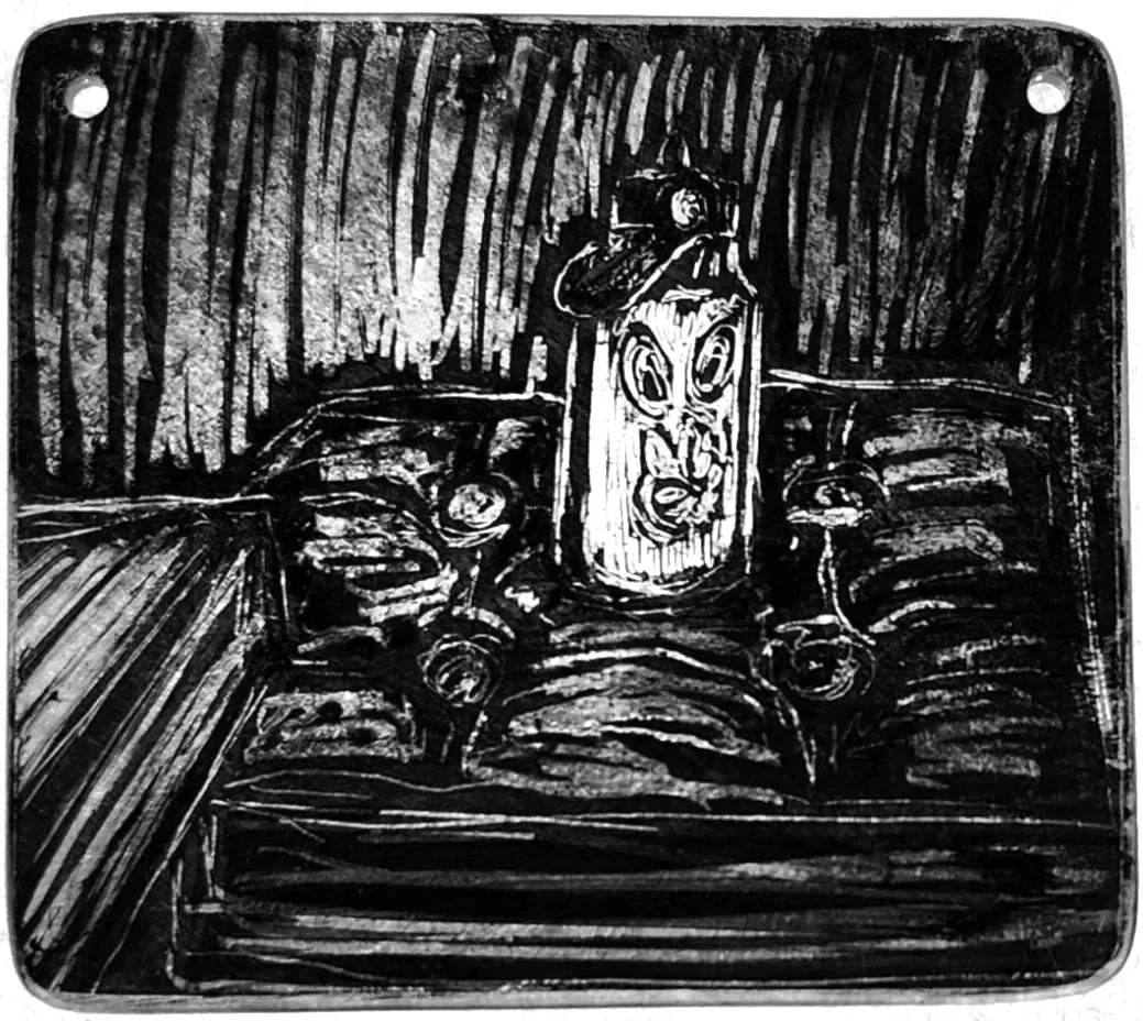 "Bottle," 2026, Sgrafitto and glass painting on horticultural glass