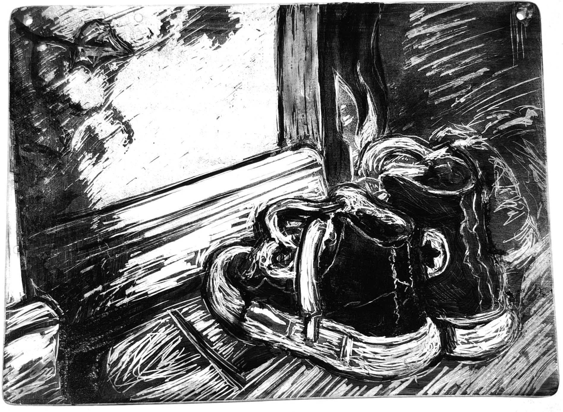 "Converse," 2026, Sgrafitto and glass painting on horticultural glass