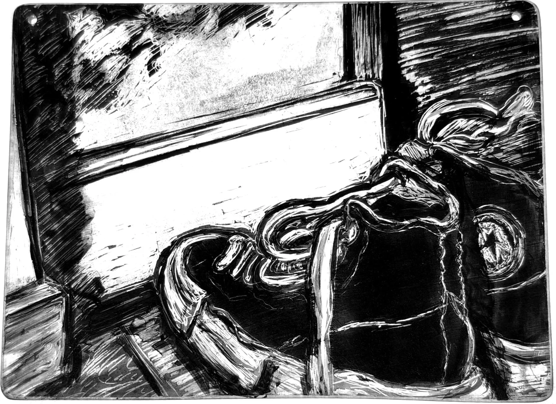 "Deep Shadows," 2026, Sgrafitto and glass painting on horticultural glass