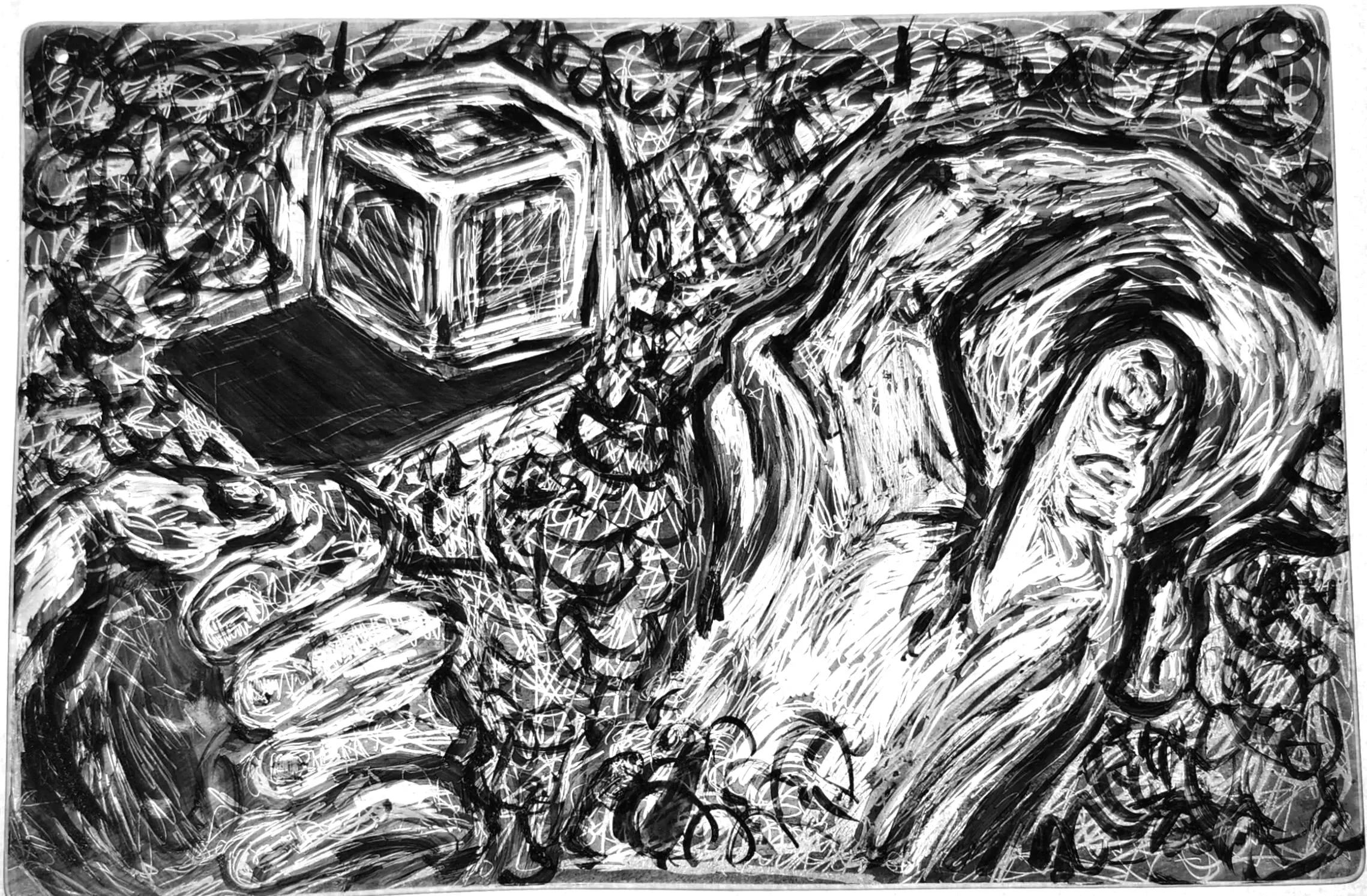 "Fidget Study," 2026, Sgrafitto and glass painting on horticultural glass