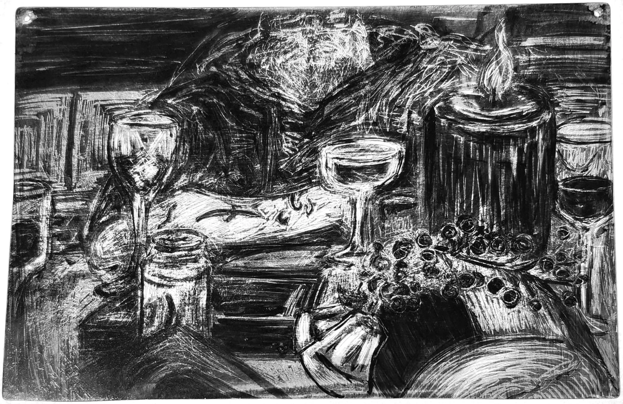 "Head of the Table," 2026, Sgrafitto and glass painting on horticultural glass