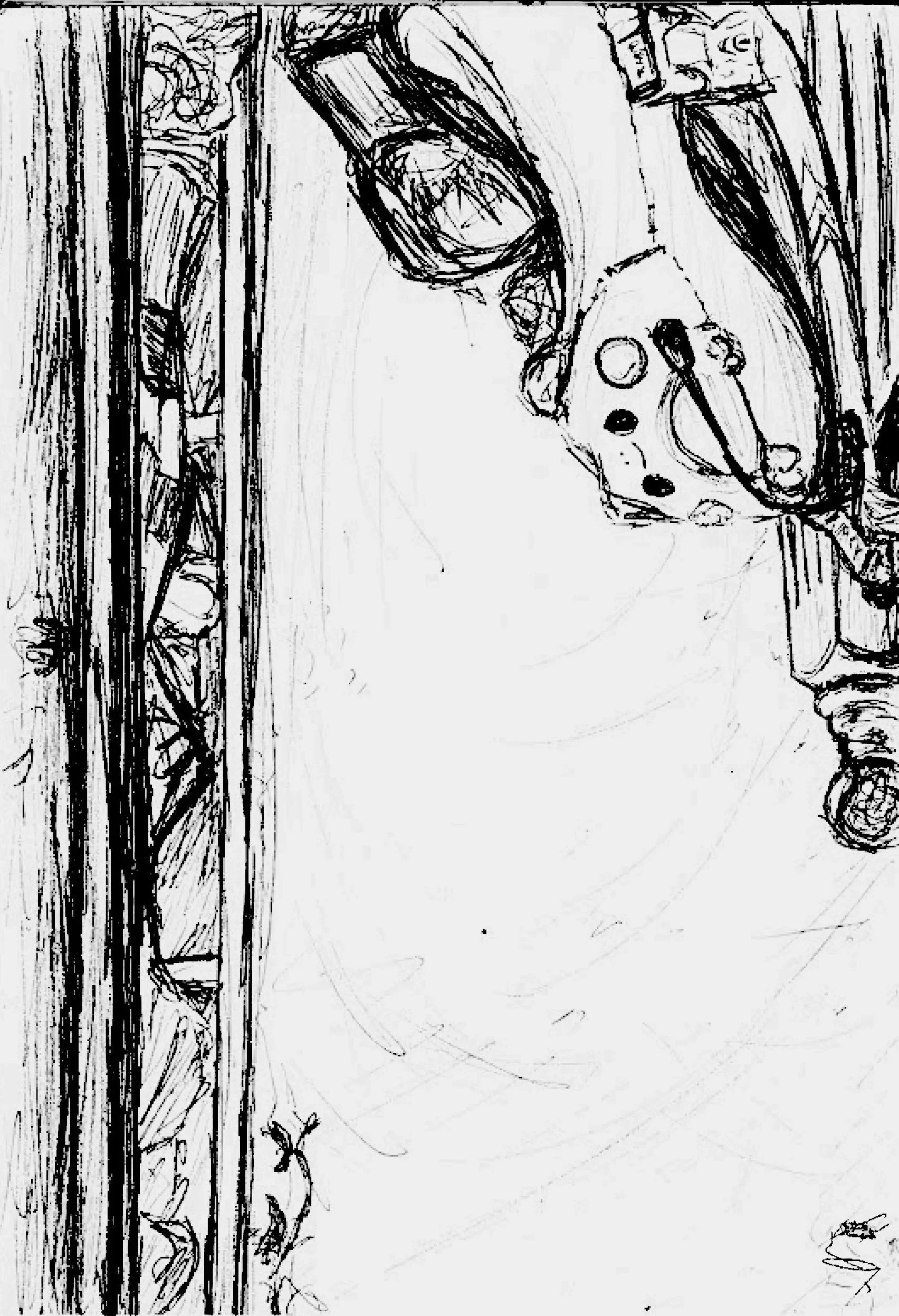 black and white sketch of a bedpost