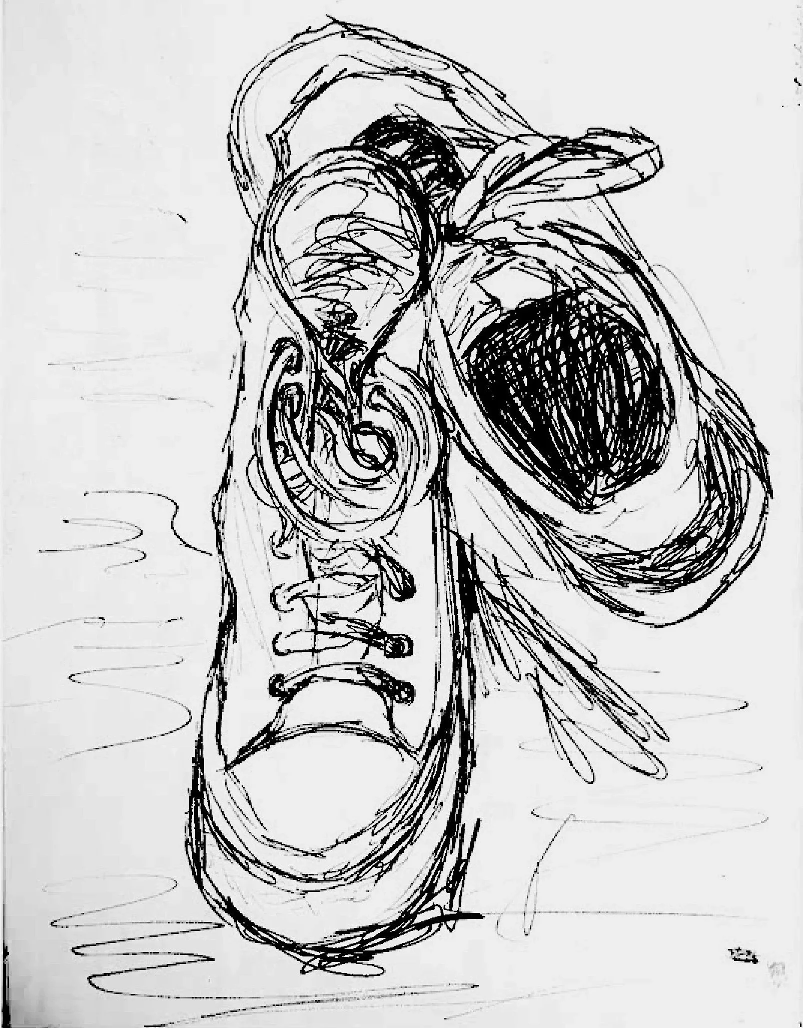 a black and white sketch of a pair of shoes