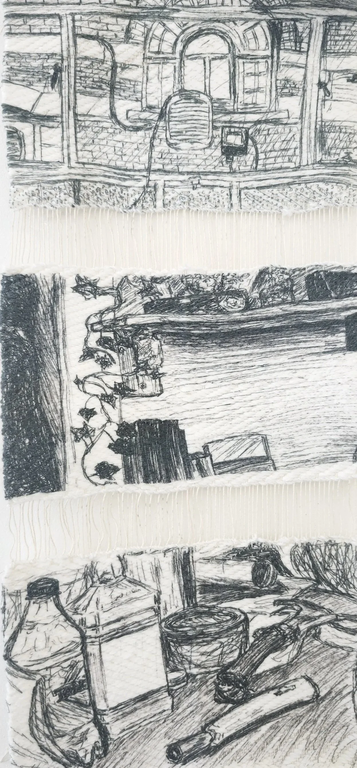 Close up of "My Home," Sublimation print on polyacrylic weave/cotton warp