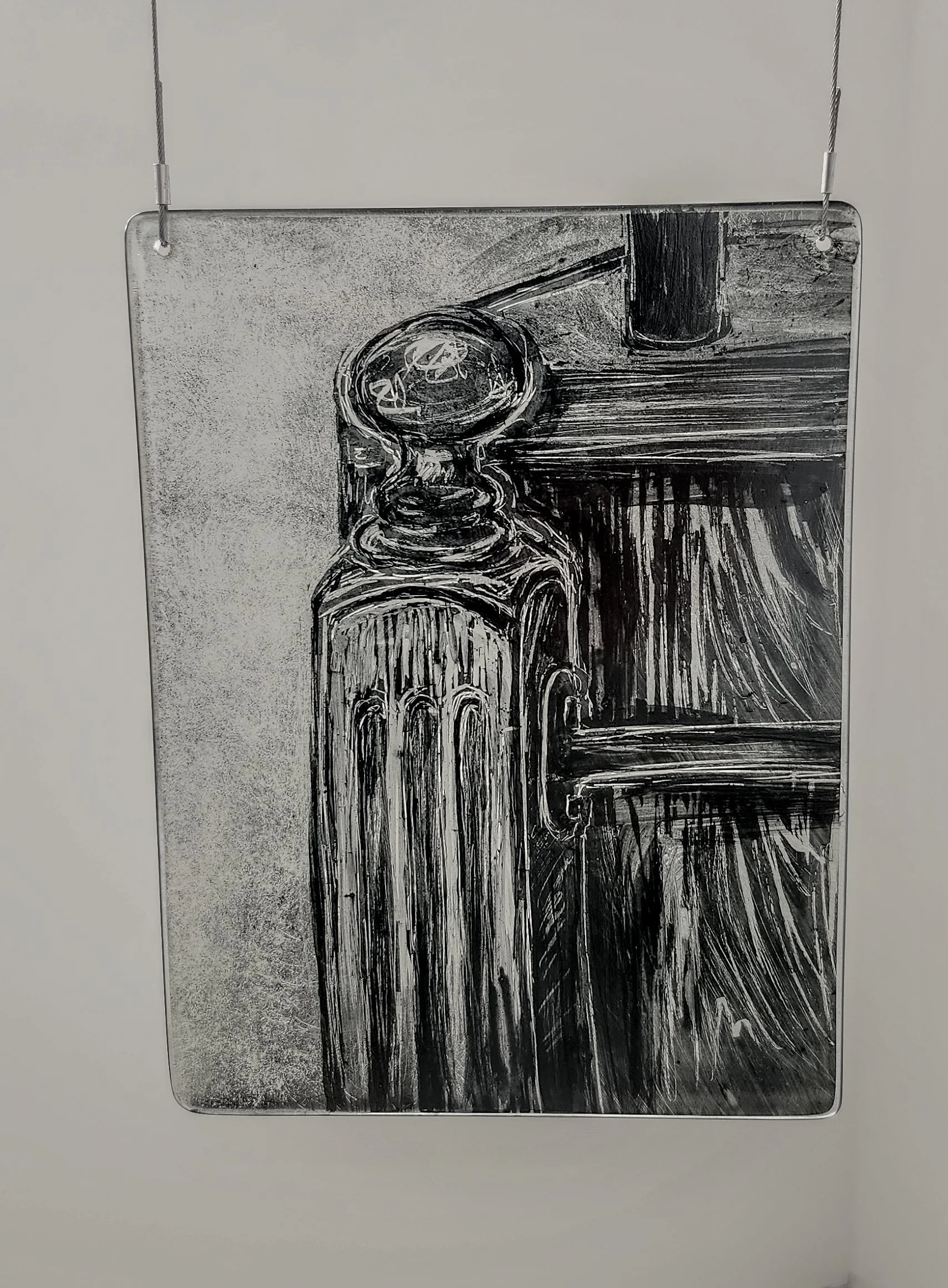 "Bedpost," 2026, Sgrafitto and glass painting on horticultural glass