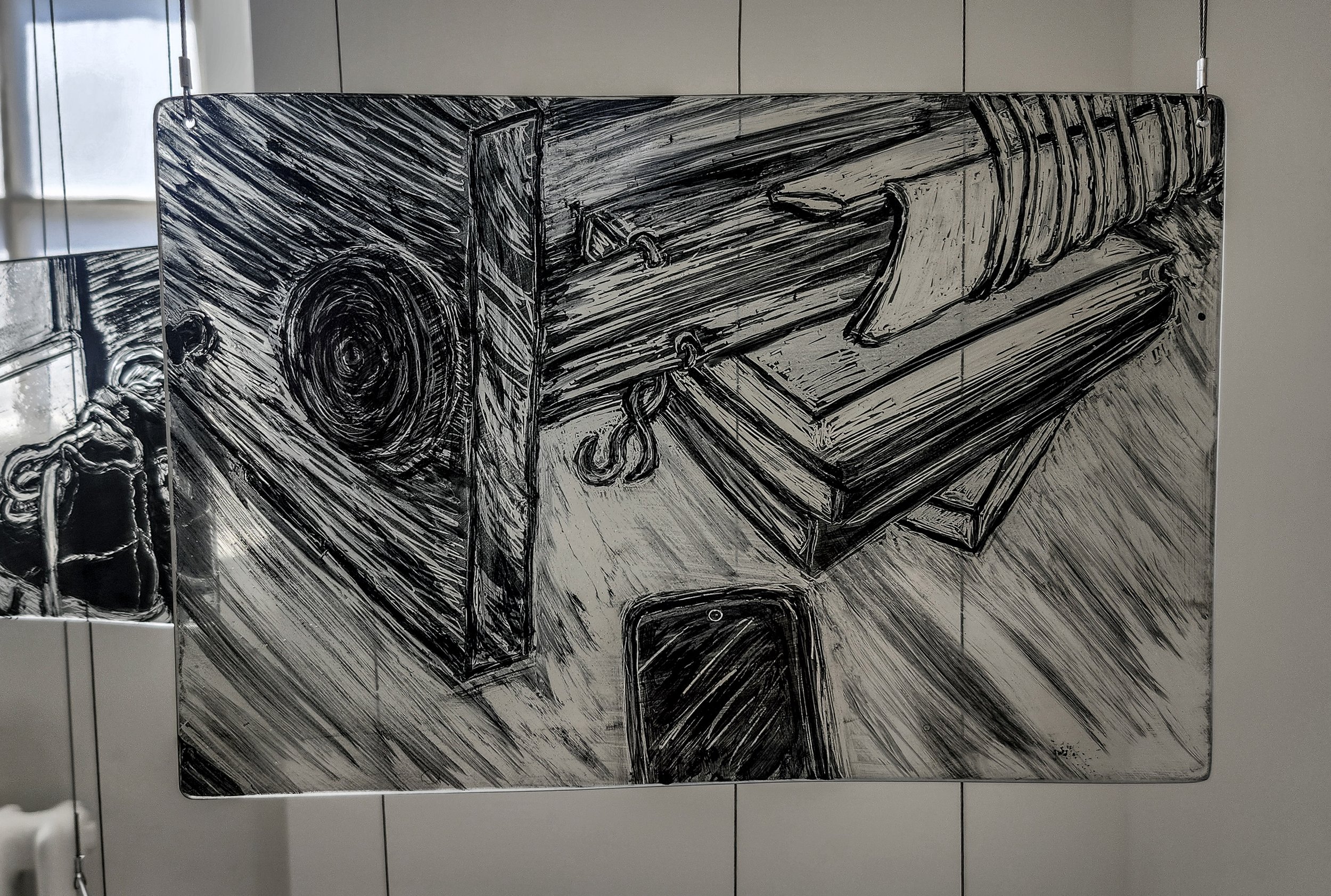 "Tabletop," 2026, Sgrafitto and glass painting on horticultural glass