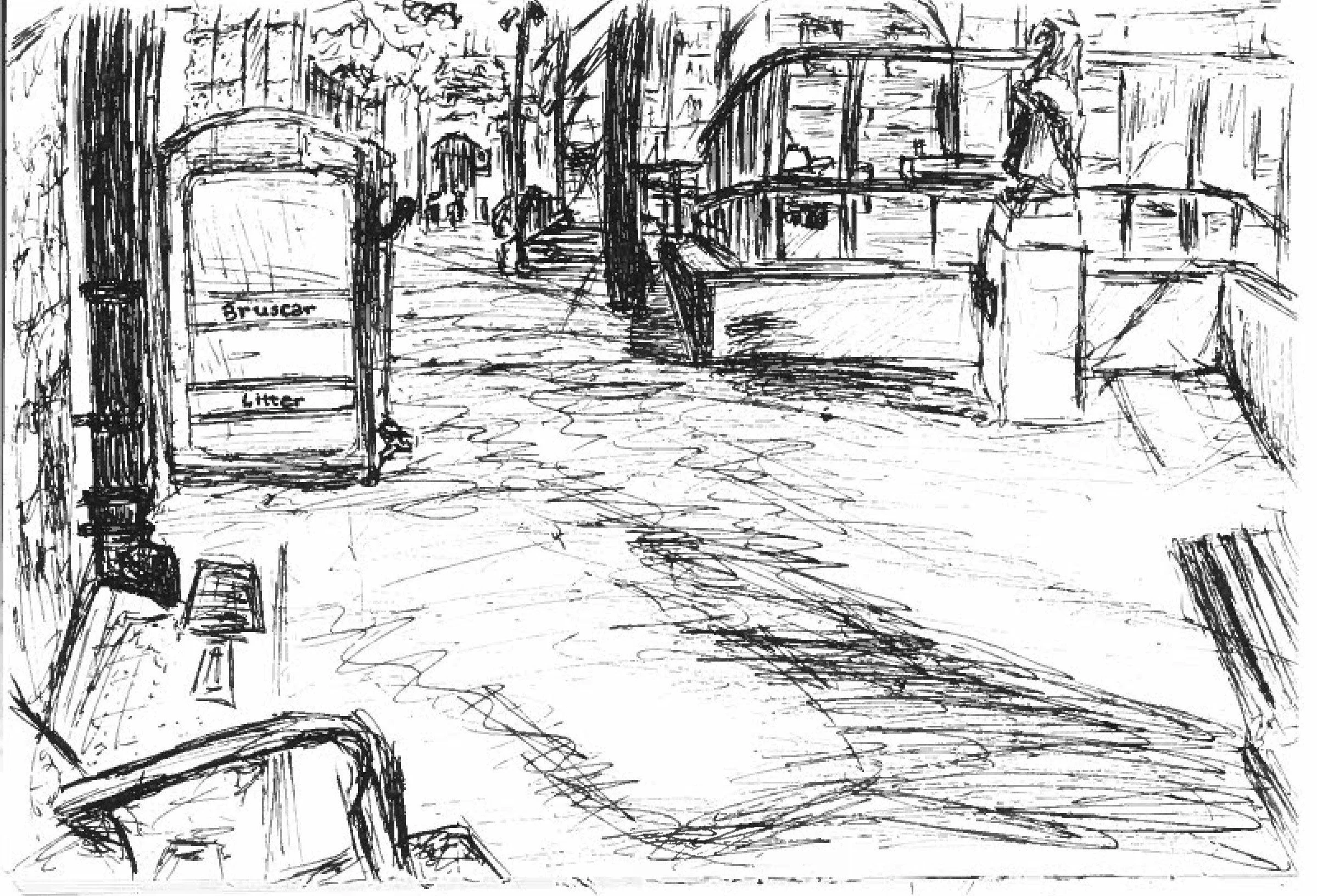 black and white drawing of a park