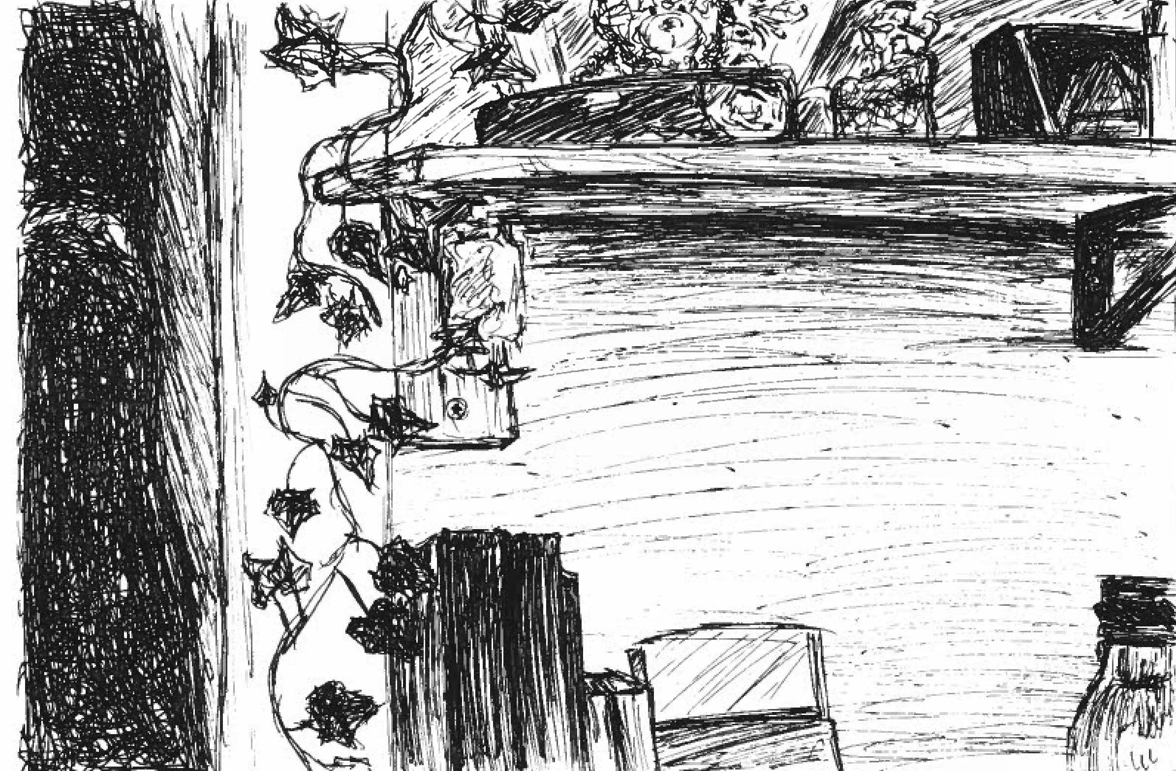 A black and white sketch of a shelf