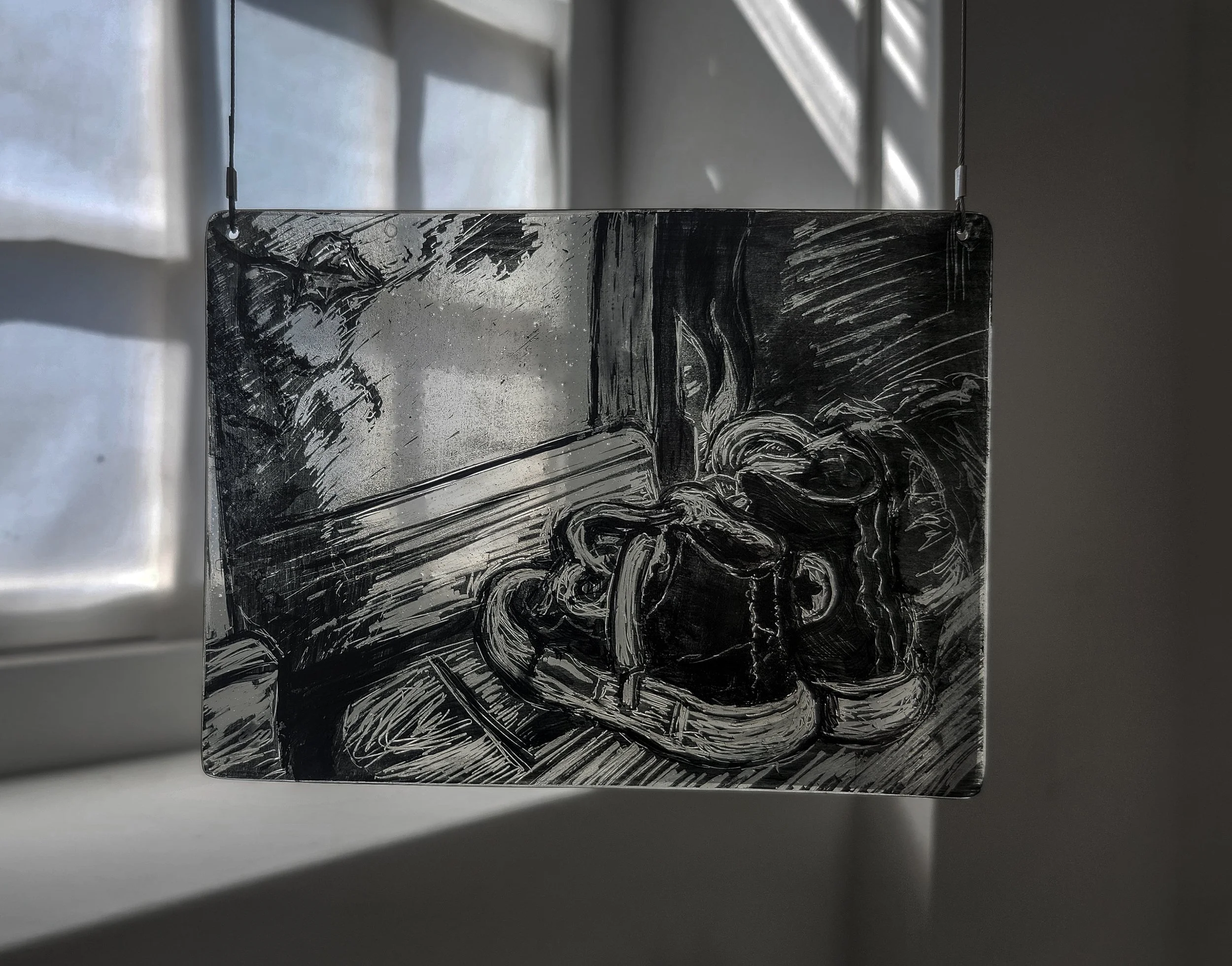 "Converse," 2026, Sgrafitto and glass painting on horticultural glass