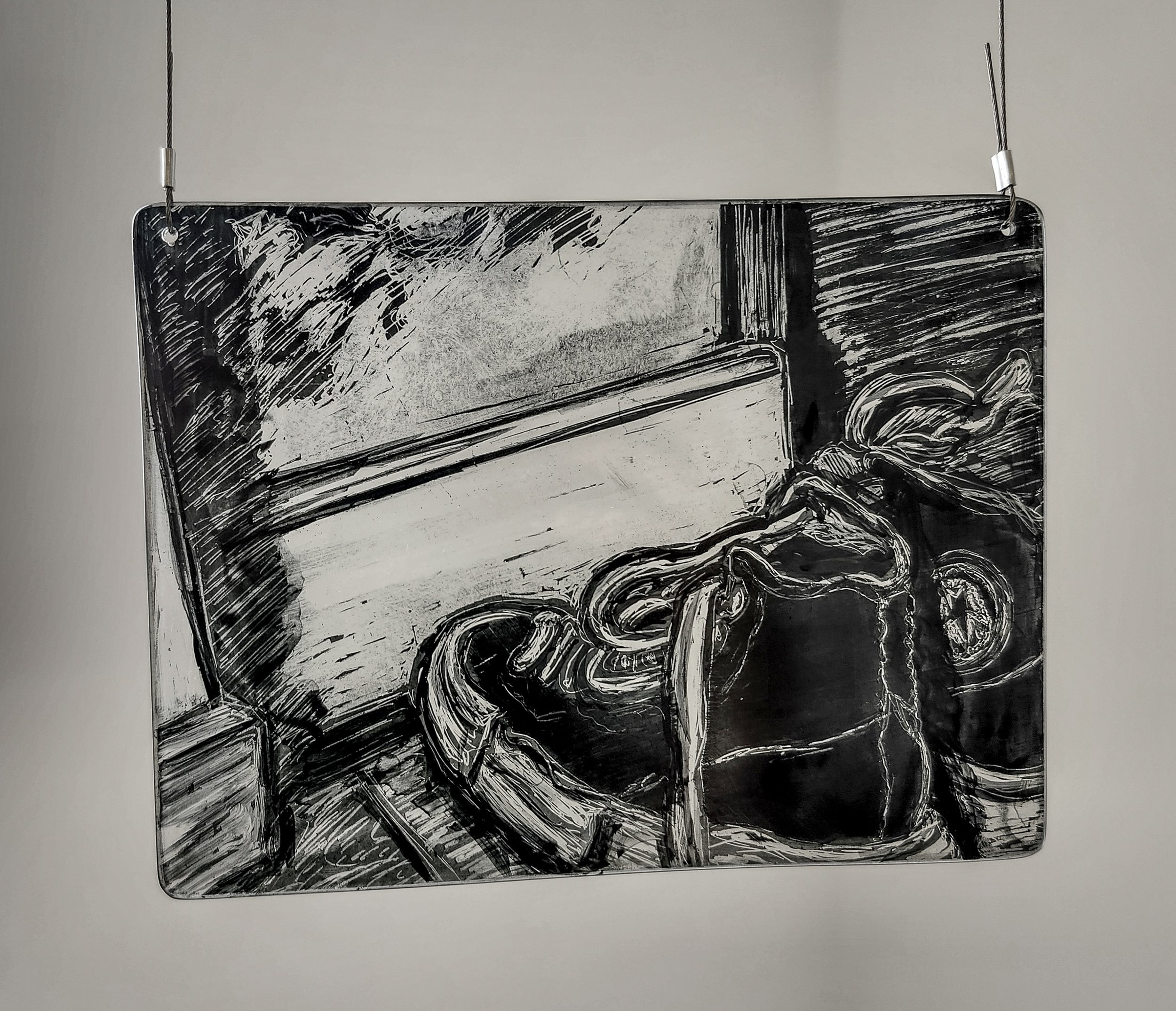 "Deep Shadows," 2026, Sgrafitto and glass painting on horticultural glass