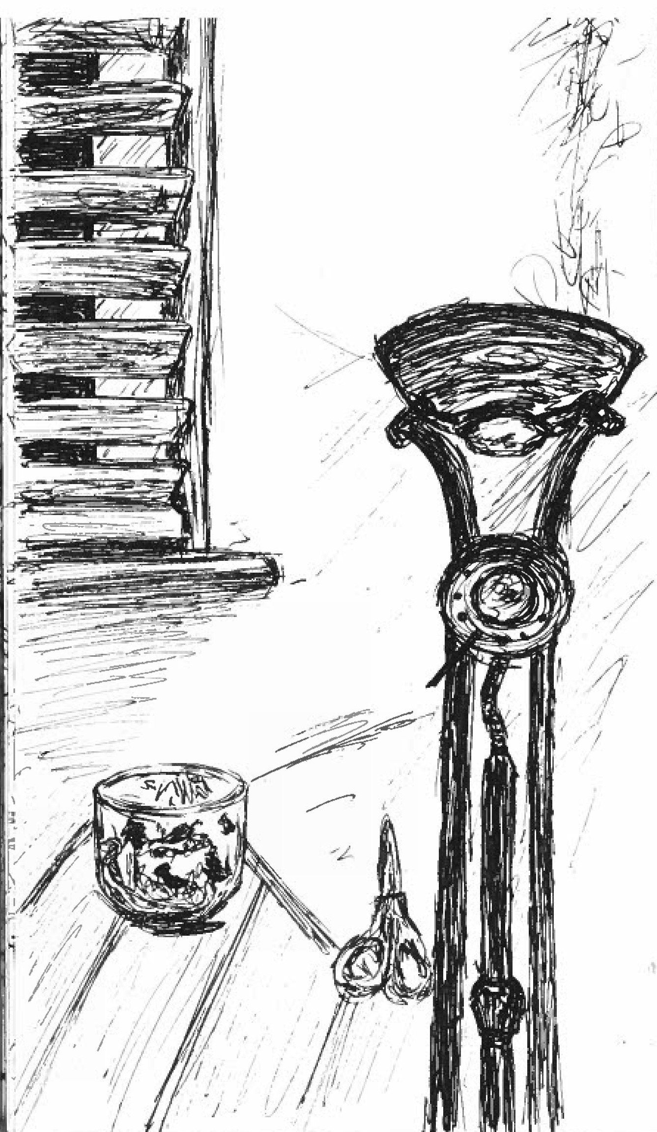 black and white drawing of a lamp
