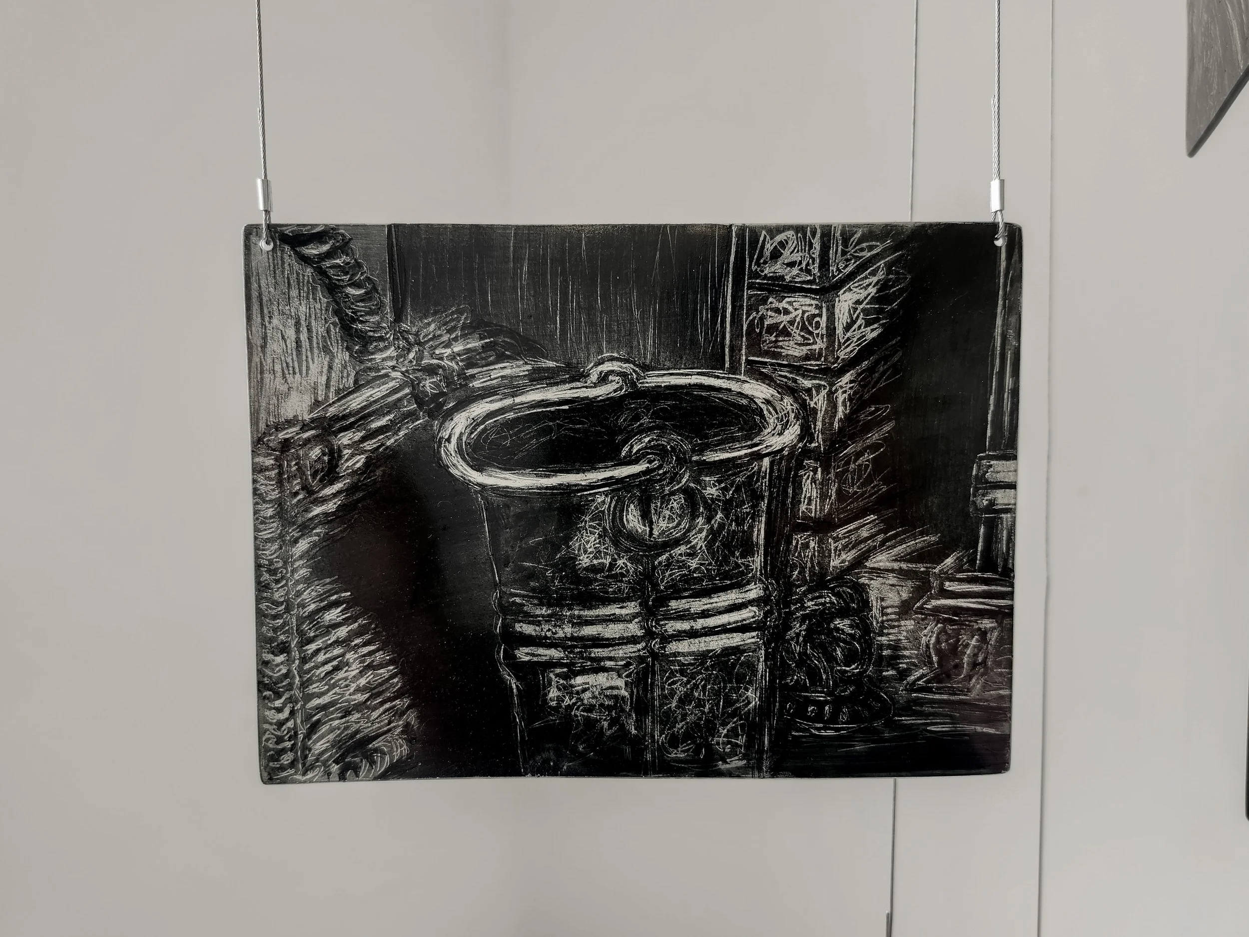 Close up of my memory mobile exhibited during second hand smoke, Trace black sgraffito and painting on horticultural glass