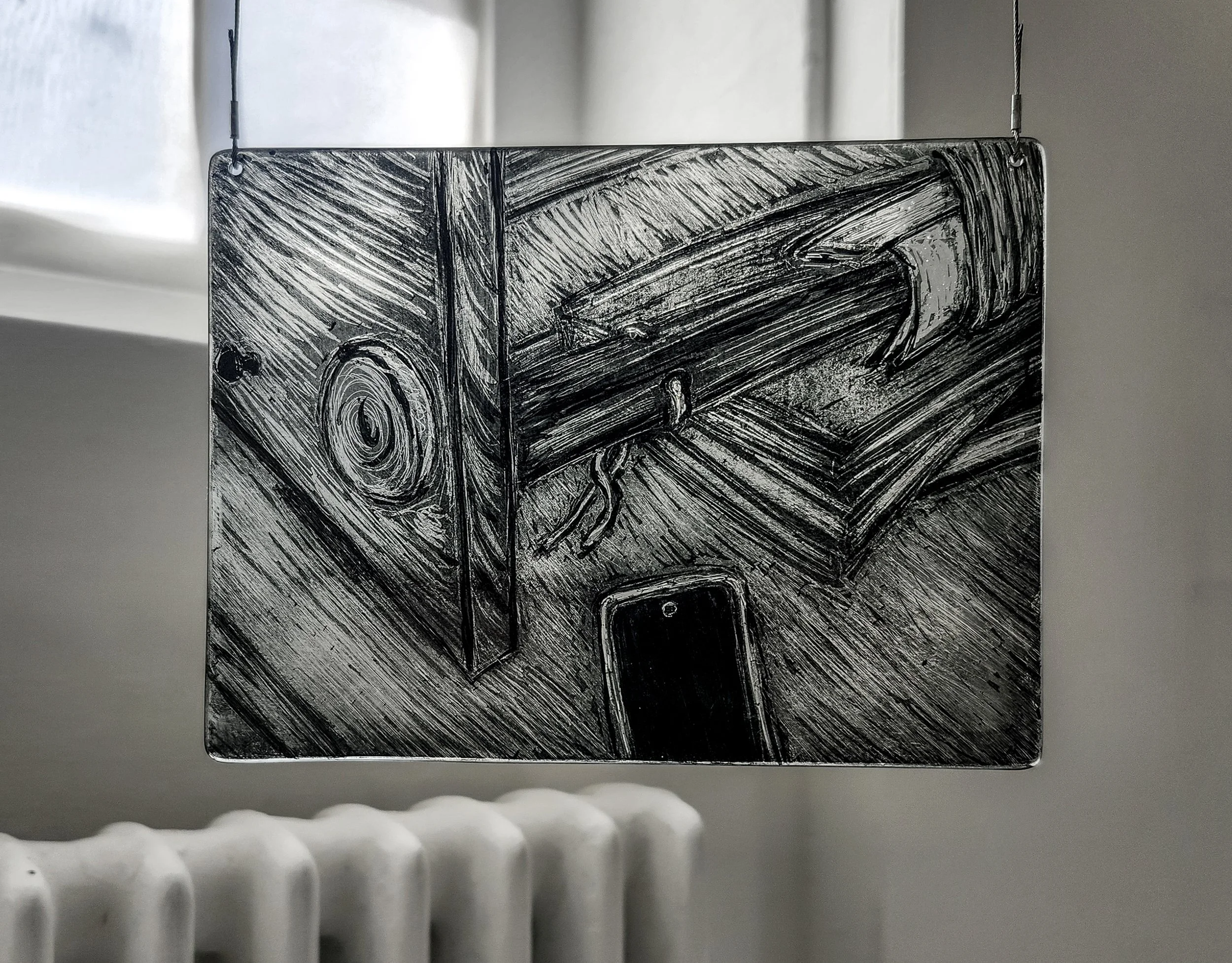 "Loom," 2026, Sgrafitto and glass painting on horticultural glass