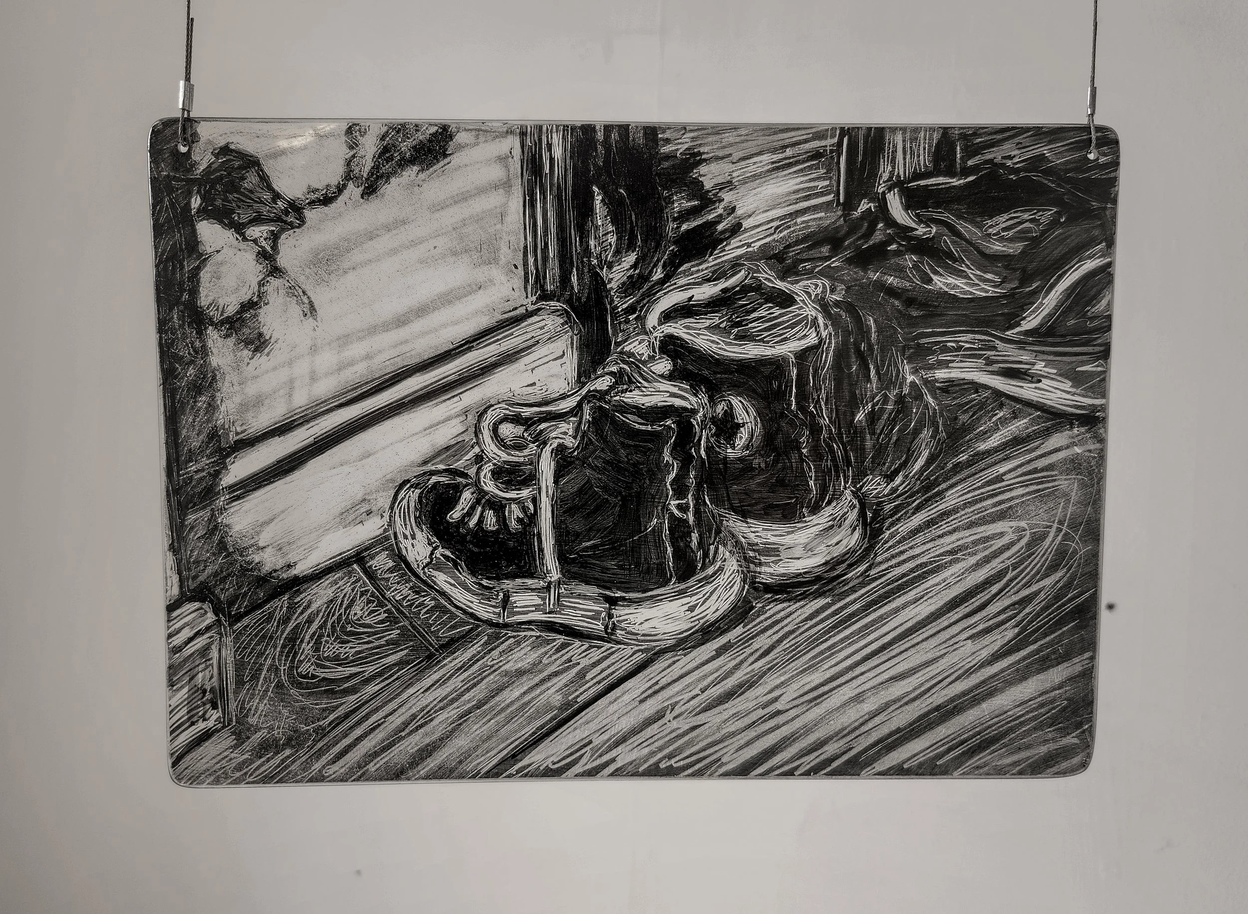 "Shadows," 2026, Sgrafitto and glass painting on horticultural glass