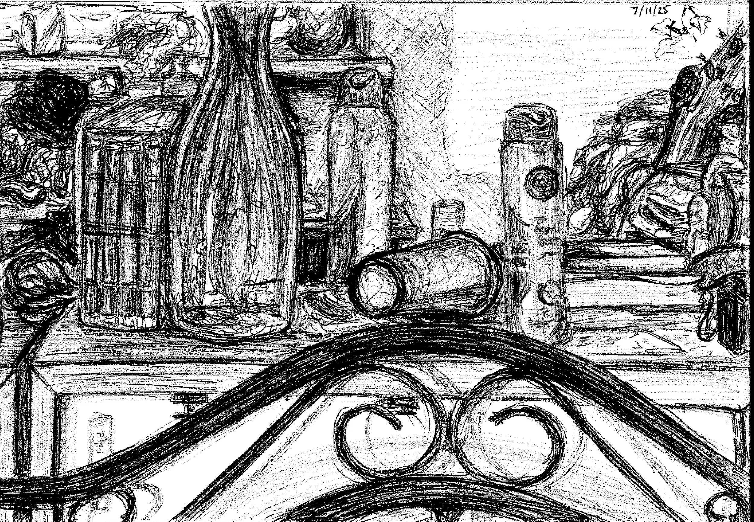 A black and white sketch of a mess desk