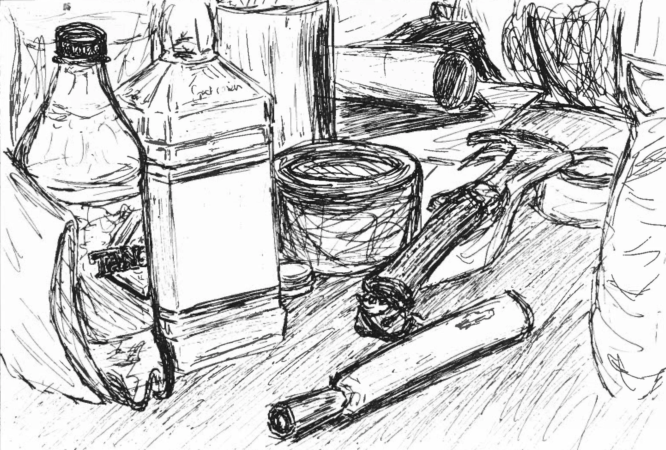 Black and white sketch of a cluttered desk 
