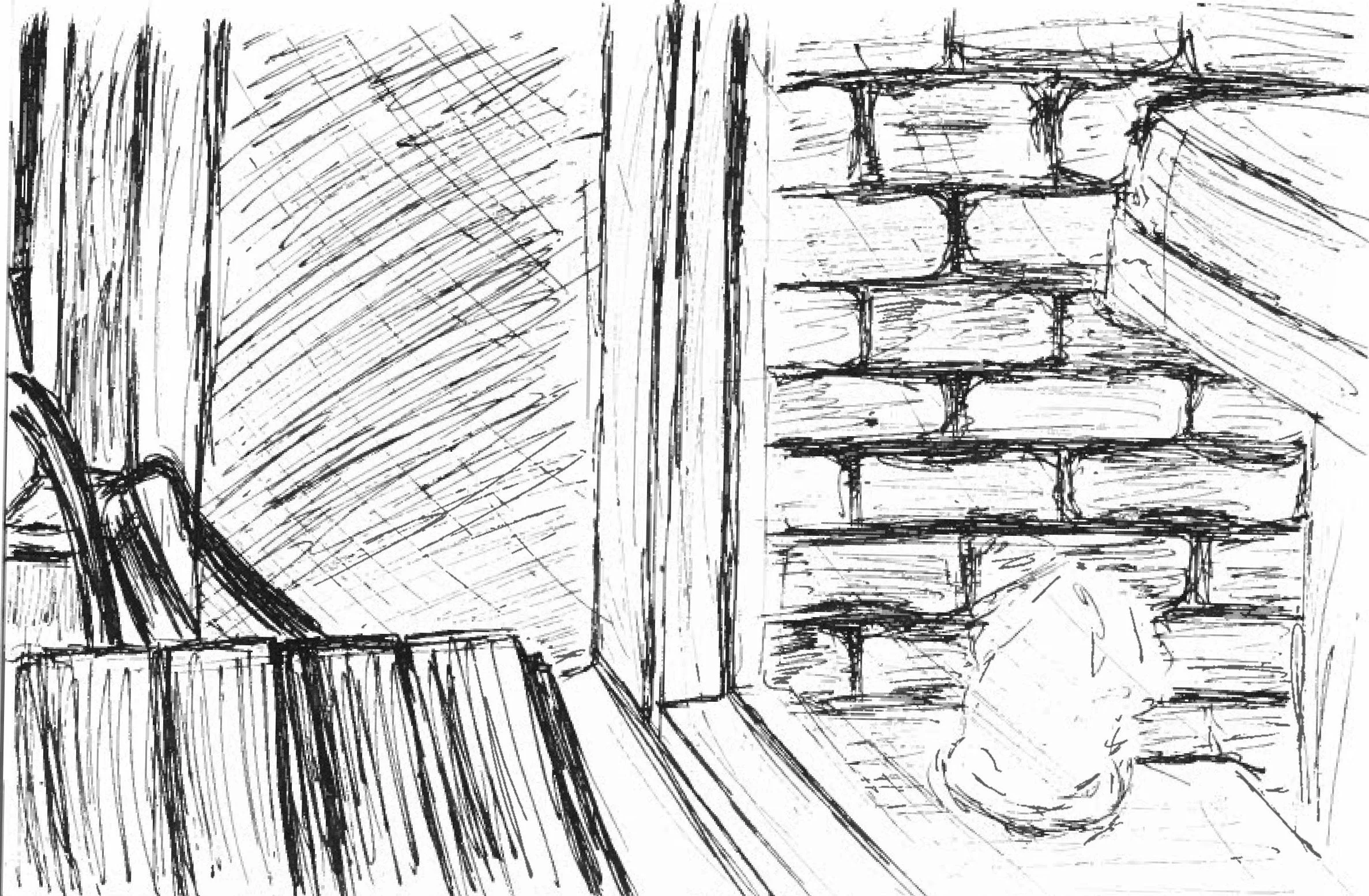 black and white drawing of a brick wall