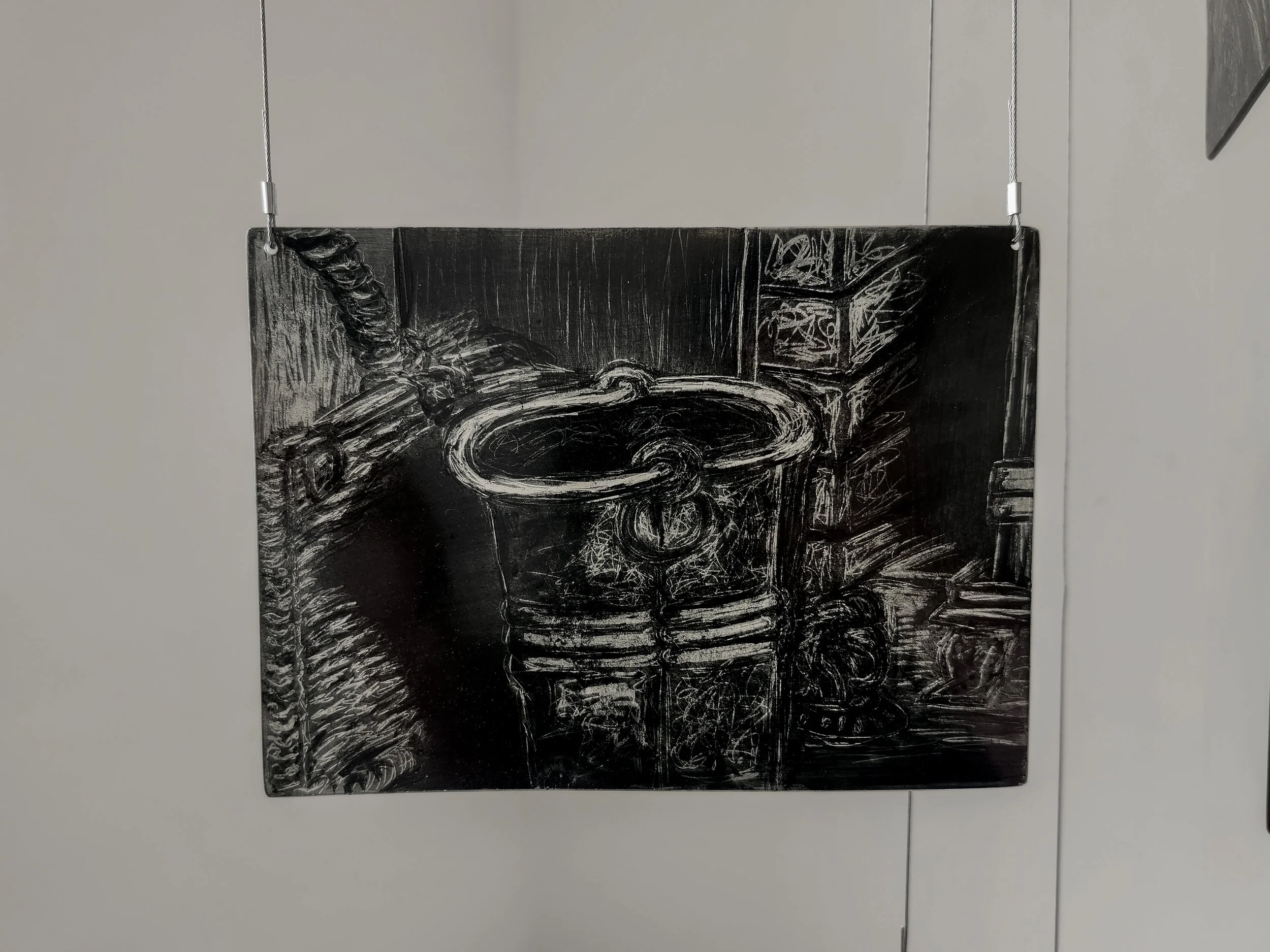 "Wicker," 2026, Sgrafitto and glass painting on horticultural glass